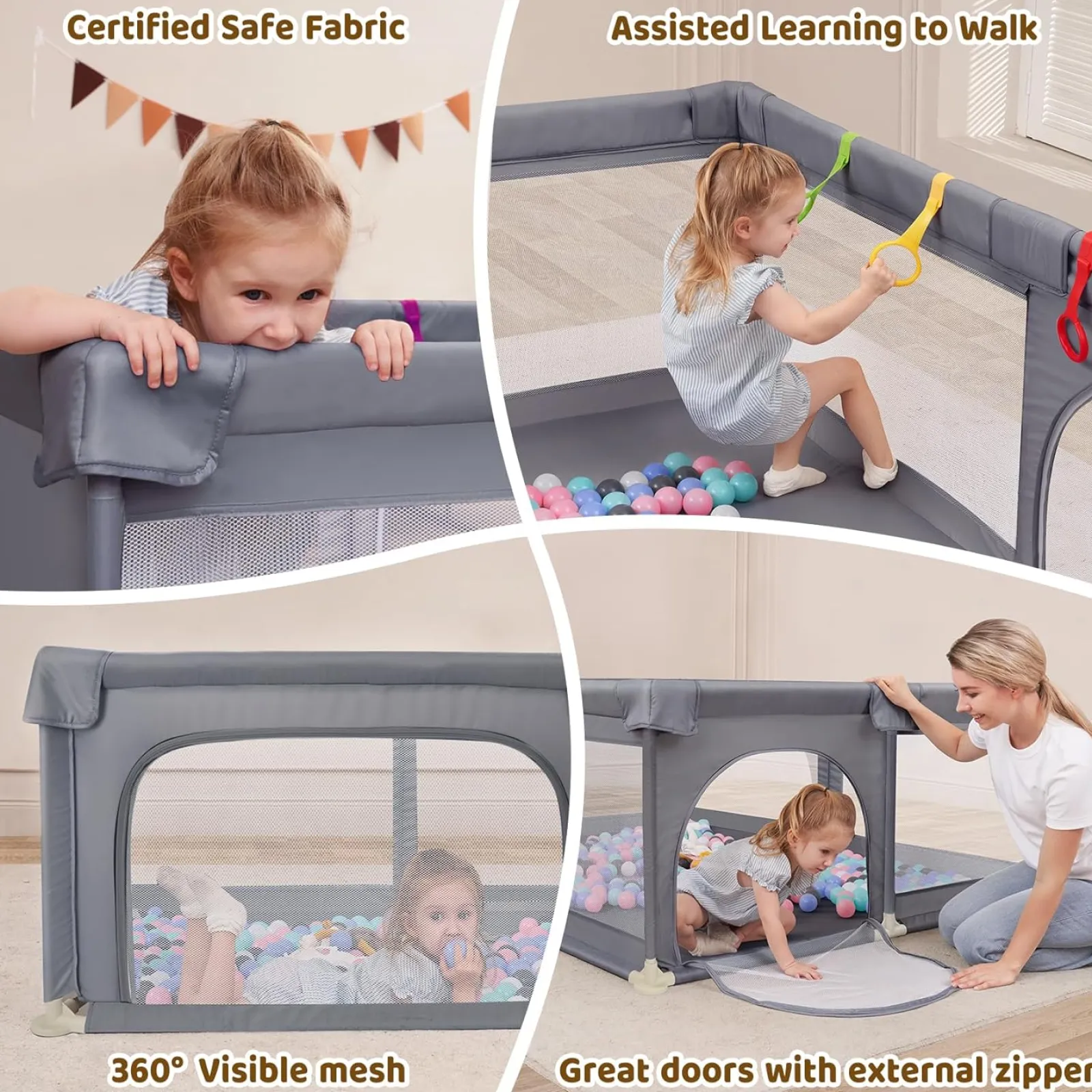 Little Helper Ball Pits & Ball Pools | Baby Playpens | Large Baby Playpen and Ball Pool with Carry Bag & Pull-up Rings | Mesh Fabric | 2. x 1.5m | Grey