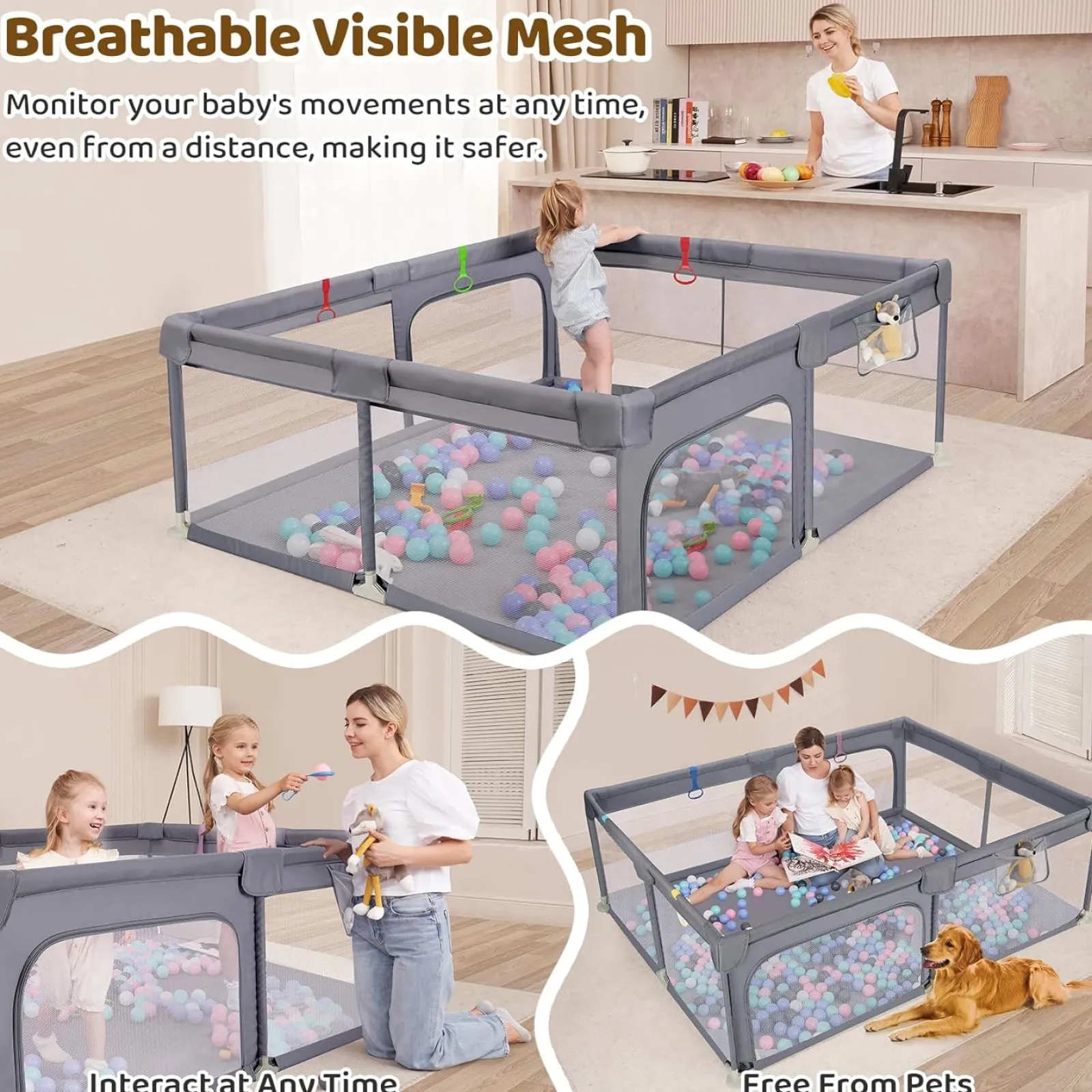 Little Helper Ball Pits & Ball Pools | Baby Playpens | Large Baby Playpen and Ball Pool with Carry Bag & Pull-up Rings | Mesh Fabric | 2. x 1.5m | Grey