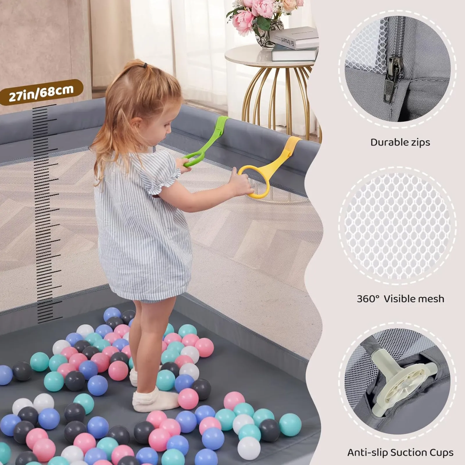 Little Helper Ball Pits & Ball Pools | Baby Playpens | Large Baby Playpen and Ball Pool with Carry Bag & Pull-up Rings | Mesh Fabric | 2. x 1.5m | Grey
