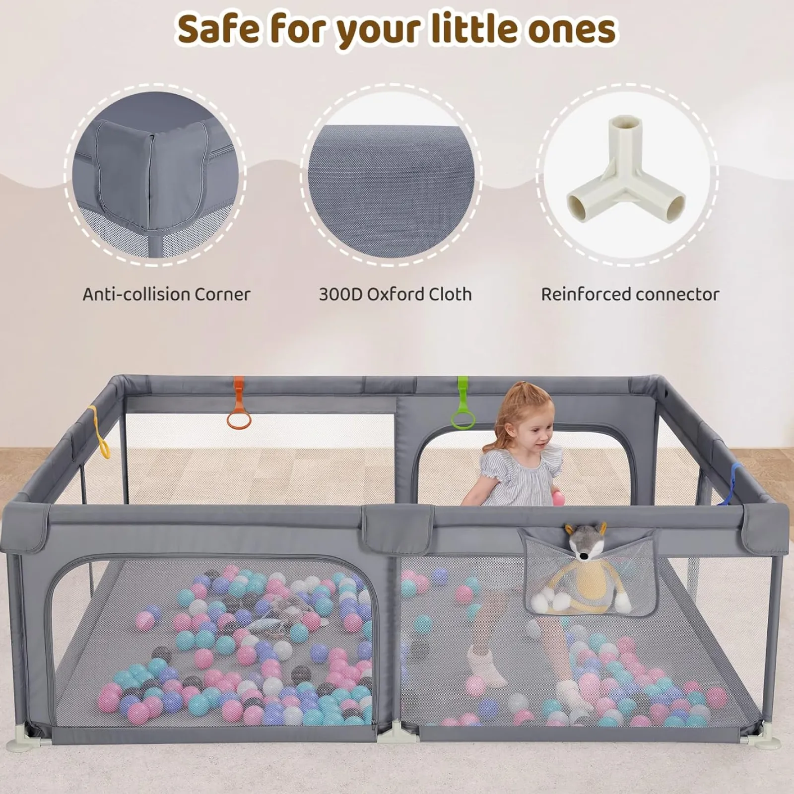 Little Helper Ball Pits & Ball Pools | Baby Playpens | Large Baby Playpen and Ball Pool with Carry Bag & Pull-up Rings | Mesh Fabric | 2. x 1.5m | Grey