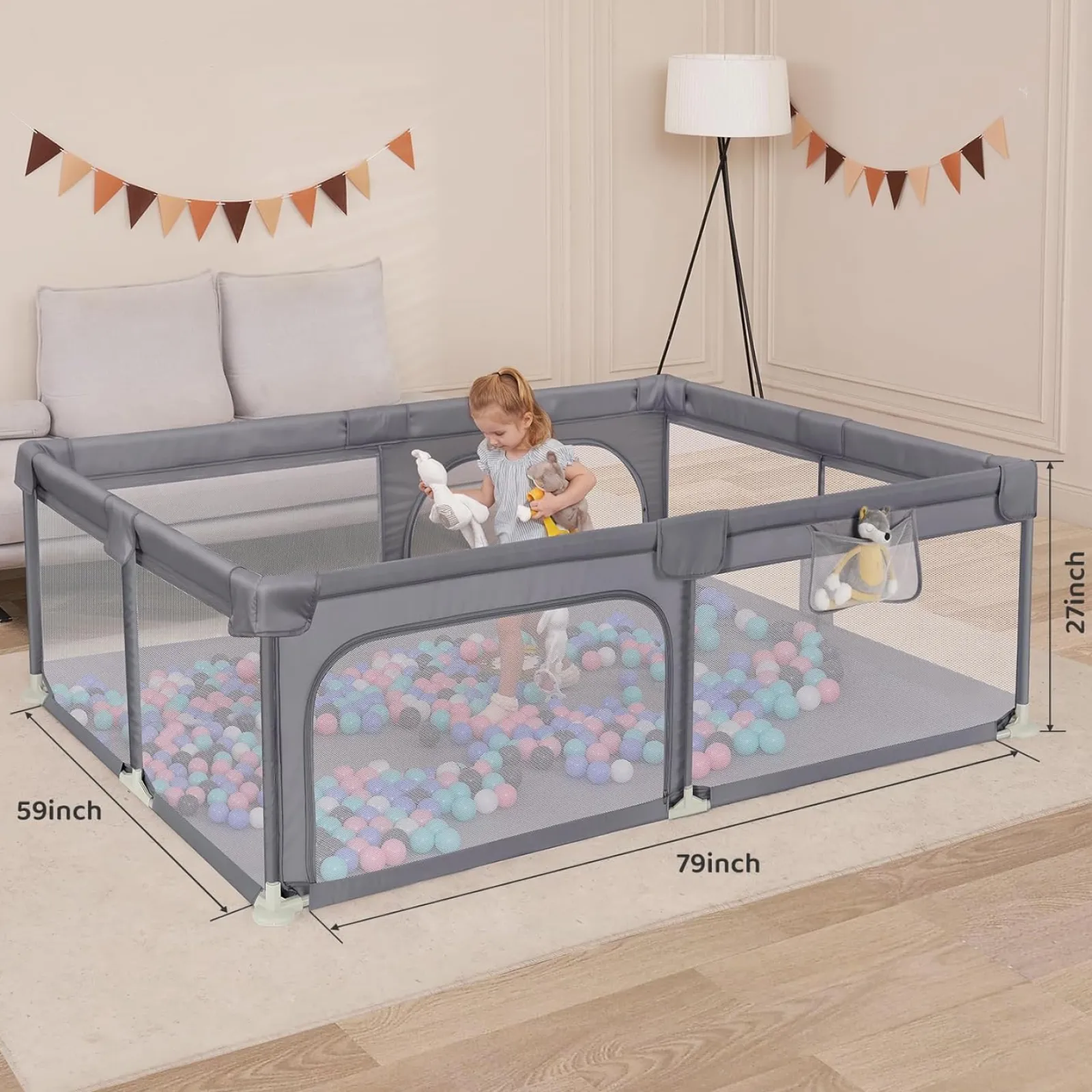 Little Helper Ball Pits & Ball Pools | Baby Playpens | Large Baby Playpen and Ball Pool with Carry Bag & Pull-up Rings | Mesh Fabric | 2. x 1.5m | Grey