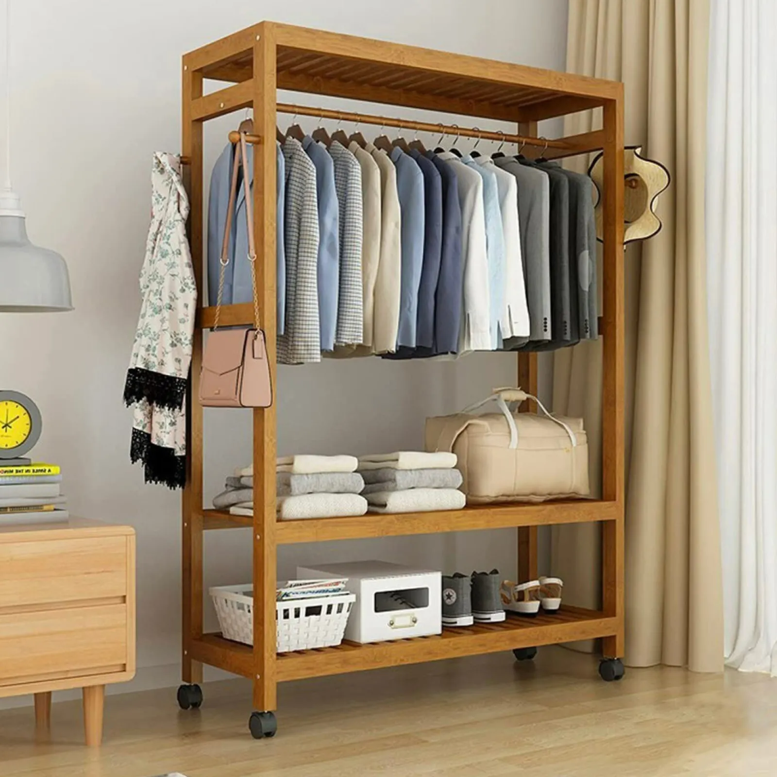Little Helper Clothes Rail & Dressing Up Rails | Kids Clothes Rail | Large Bamboo Wooden Clothes Hanging Rail | Rail with 3 Open Shelves & 4 Hooks | Open Wardrobe with Wheels