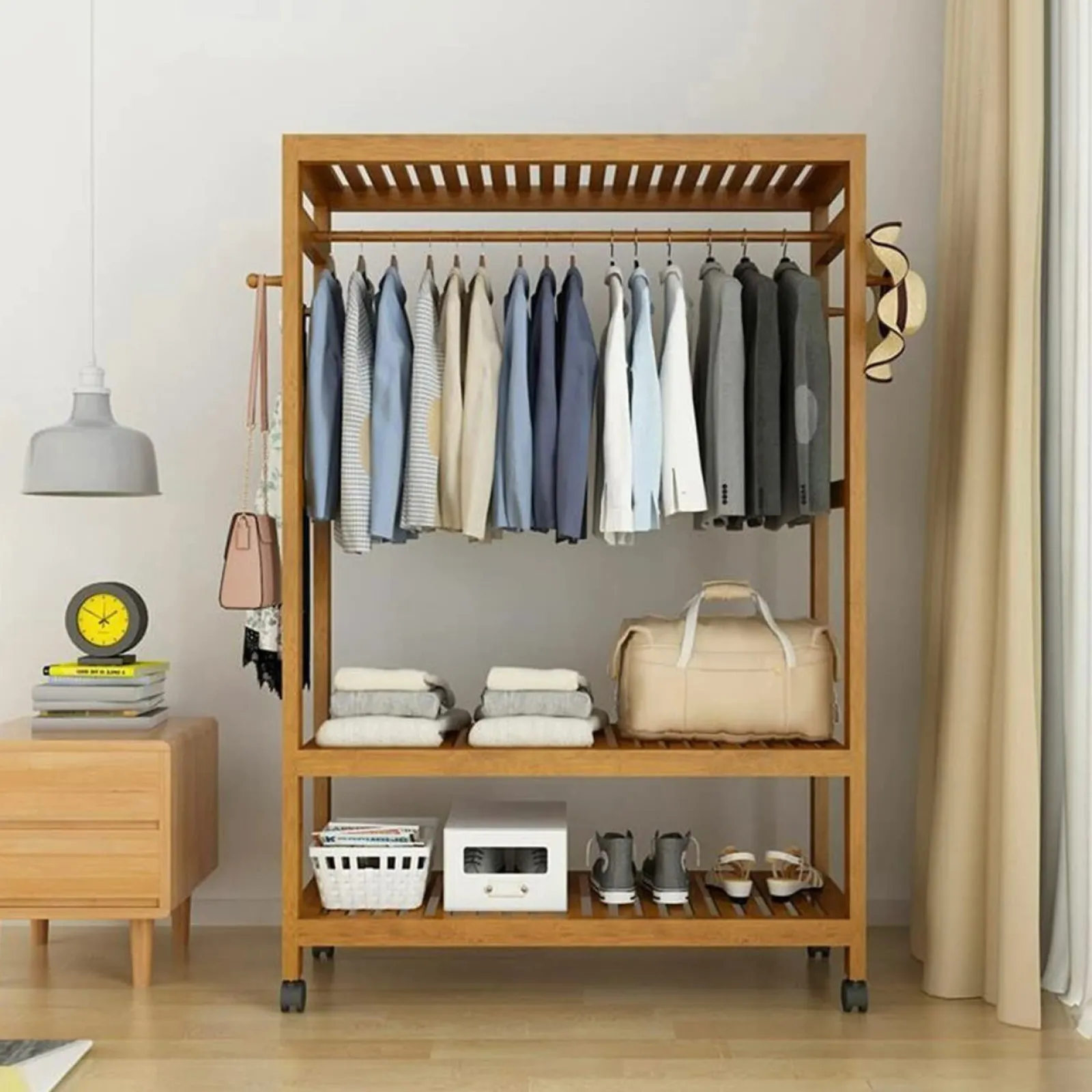 Little Helper Clothes Rail & Dressing Up Rails | Kids Clothes Rail | Large Bamboo Wooden Clothes Hanging Rail | Rail with 3 Open Shelves & 4 Hooks | Open Wardrobe with Wheels