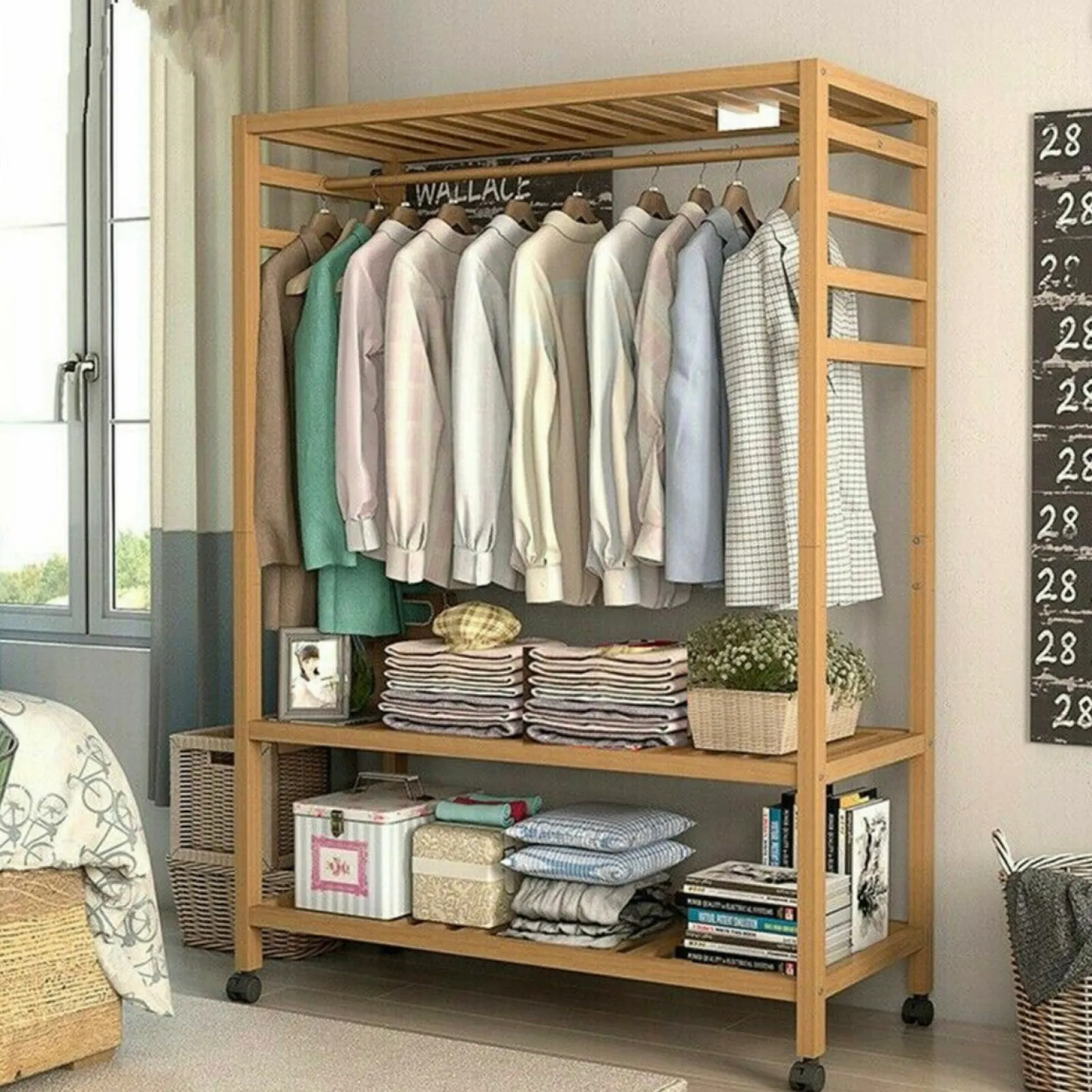 Little Helper Clothes Rail & Dressing Up Rails | Kids Clothes Rail | Large Bamboo Wooden Clothes Hanging Rail | Rail with 3 Open Shelves & 4 Hooks | Open Wardrobe with Wheels