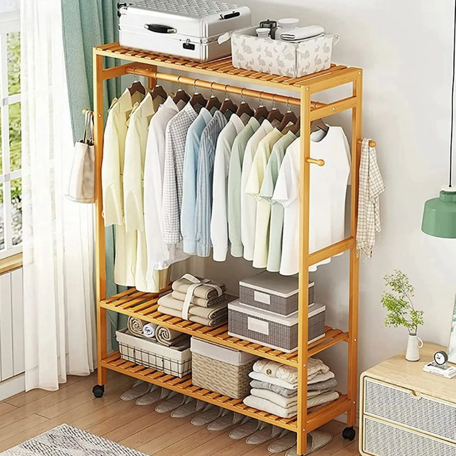 Little Helper Clothes Rail & Dressing Up Rails | Kids Clothes Rail | Large Bamboo Wooden Clothes Hanging Rail | Rail with 3 Open Shelves & 4 Hooks | Open Wardrobe with Wheels