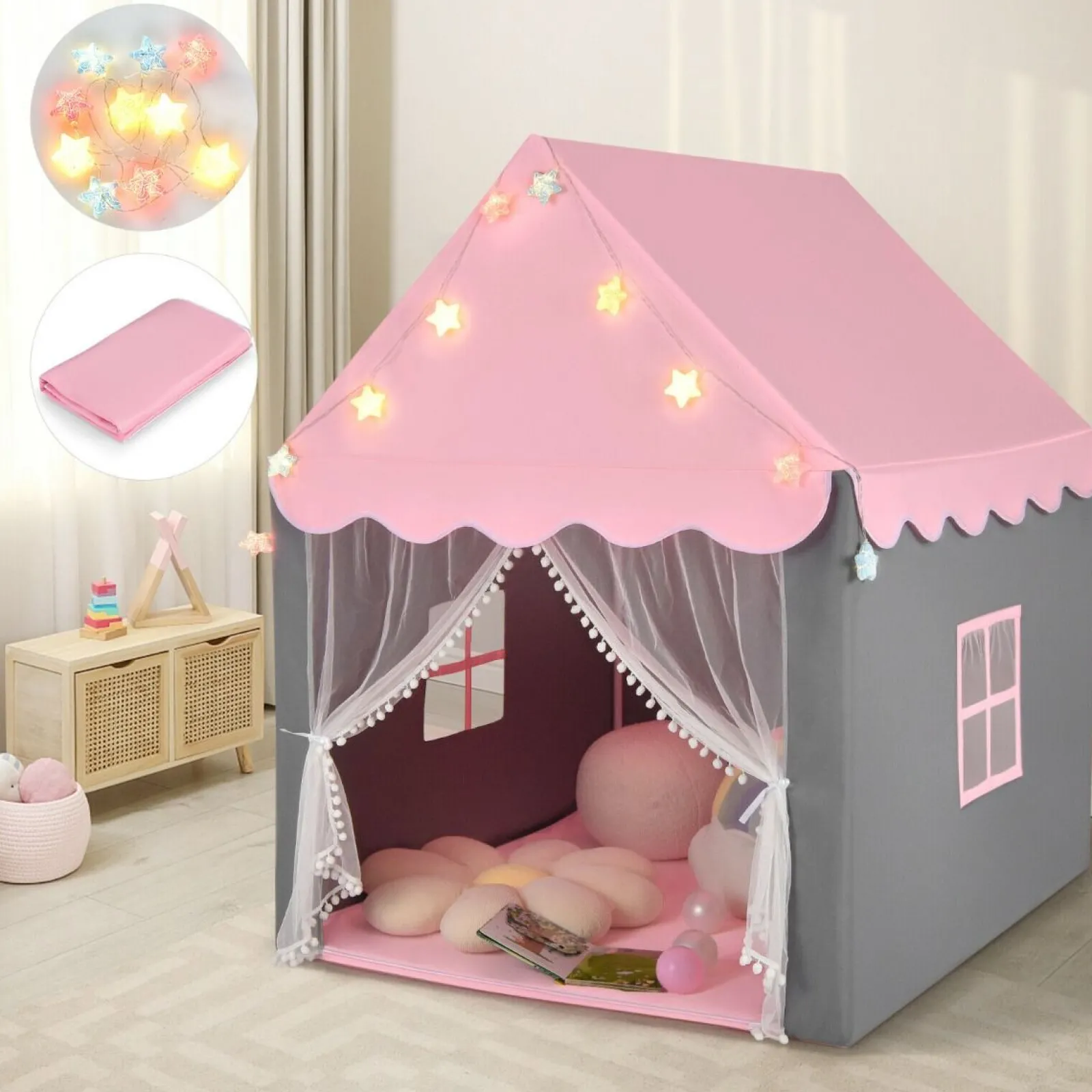Little Helper Playhouses, Teepees & Dens | Playhouses, Teepees & Dens | Large Children’s Playhouse Tent | Windows and Star Lights | Washable Mat | 3 Colour Options