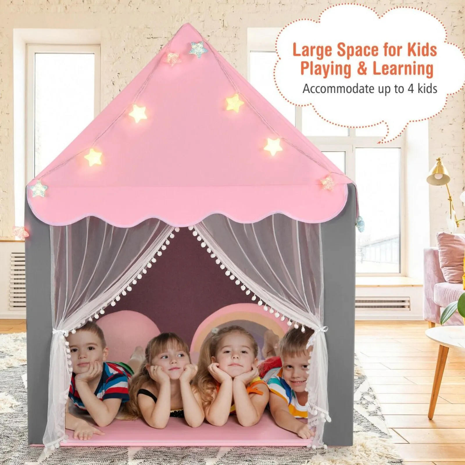 Little Helper Playhouses, Teepees & Dens | Playhouses, Teepees & Dens | Large Children’s Playhouse Tent | Windows and Star Lights | Washable Mat | 3 Colour Options