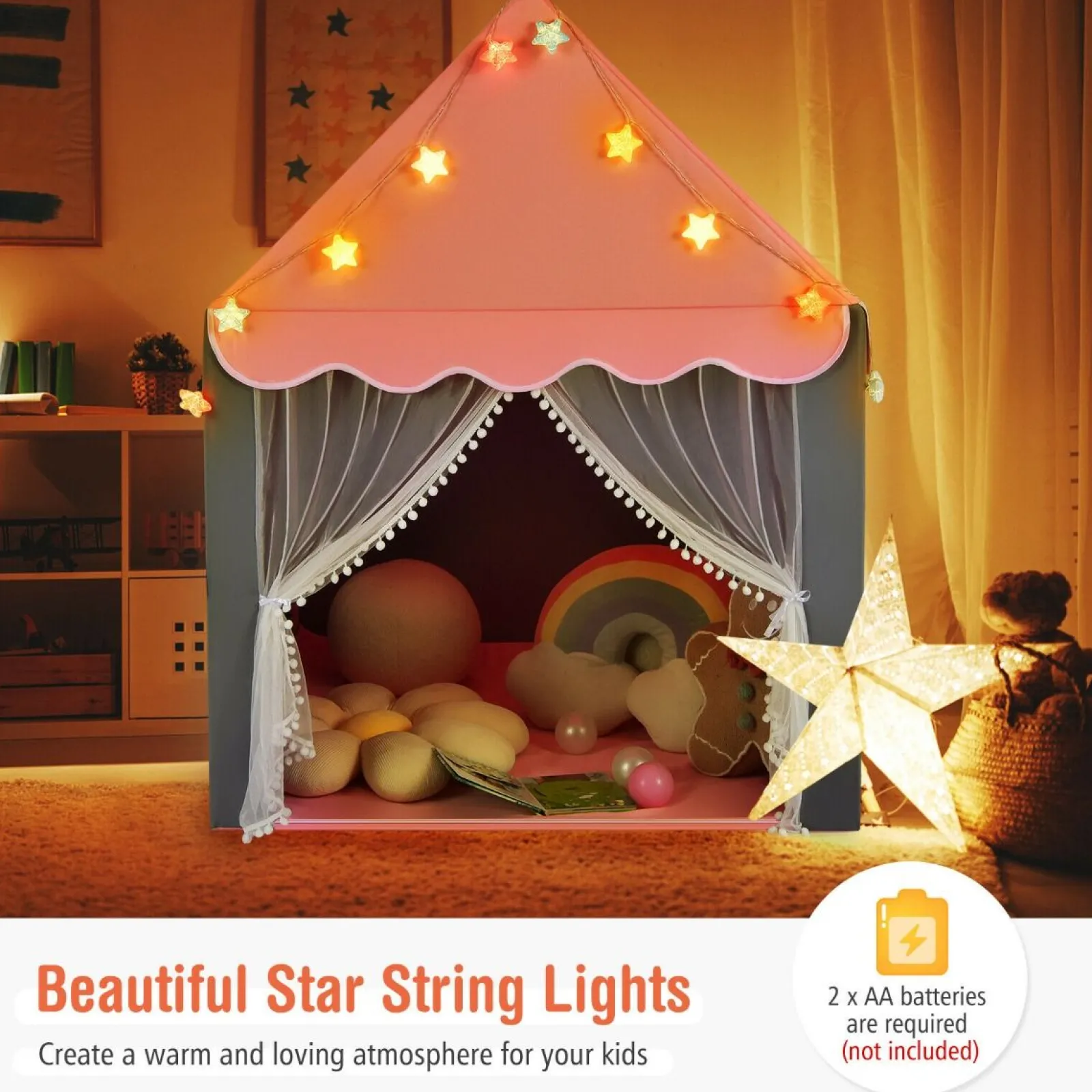 Little Helper Playhouses, Teepees & Dens | Playhouses, Teepees & Dens | Large Children’s Playhouse Tent | Windows and Star Lights | Washable Mat | 3 Colour Options