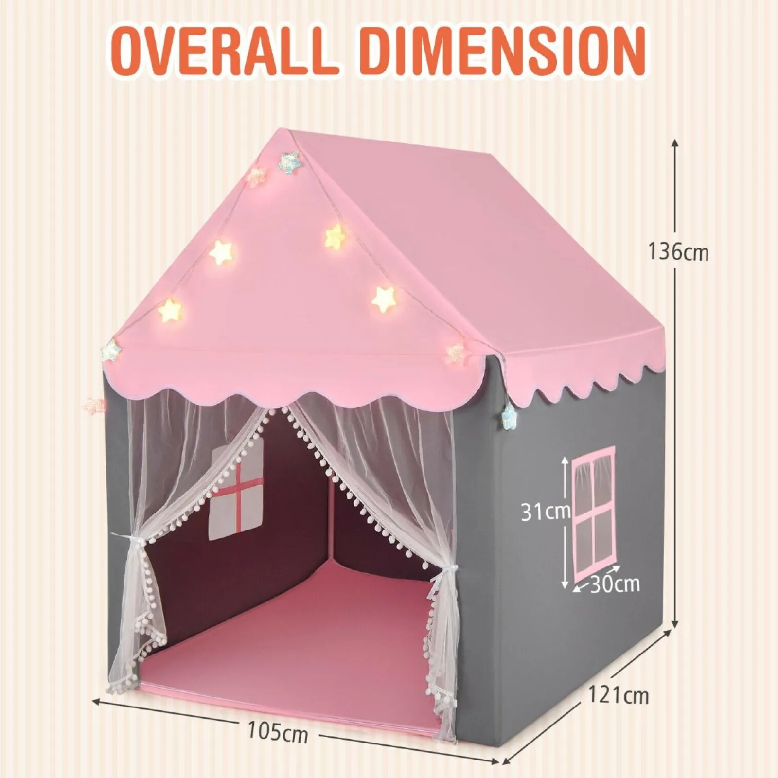 Little Helper Playhouses, Teepees & Dens | Playhouses, Teepees & Dens | Large Children’s Playhouse Tent | Windows and Star Lights | Washable Mat | 3 Colour Options
