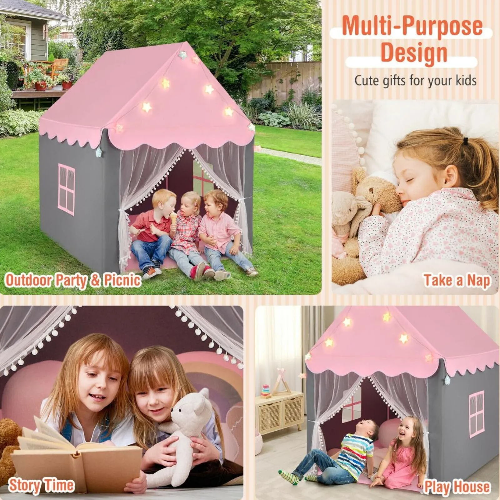 Little Helper Playhouses, Teepees & Dens | Playhouses, Teepees & Dens | Large Children’s Playhouse Tent | Windows and Star Lights | Washable Mat | 3 Colour Options