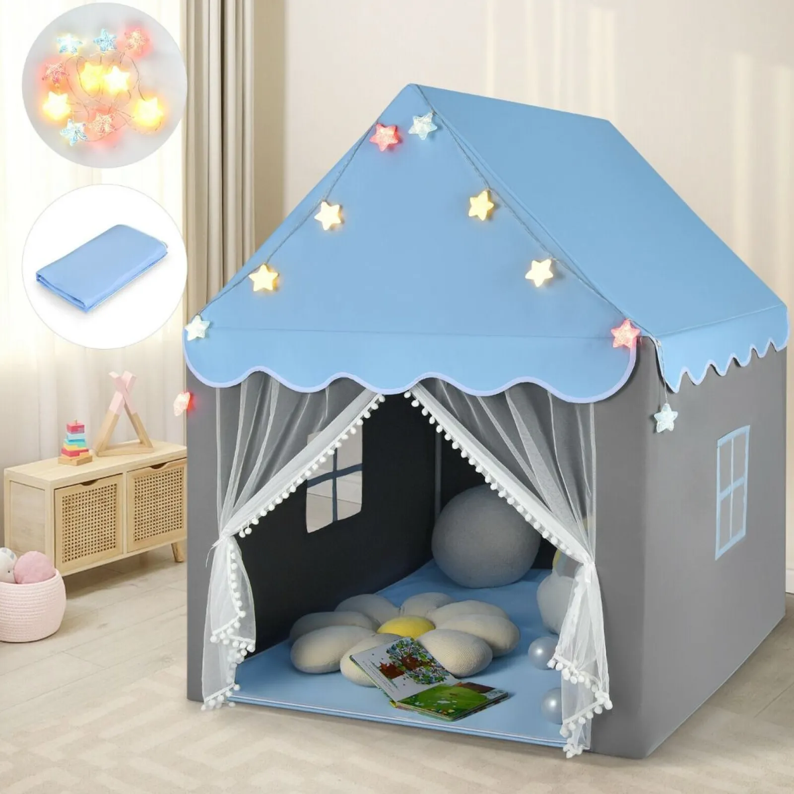 Little Helper Playhouses, Teepees & Dens | Playhouses, Teepees & Dens | Large Children’s Playhouse Tent | Windows and Star Lights | Washable Mat | 3 Colour Options