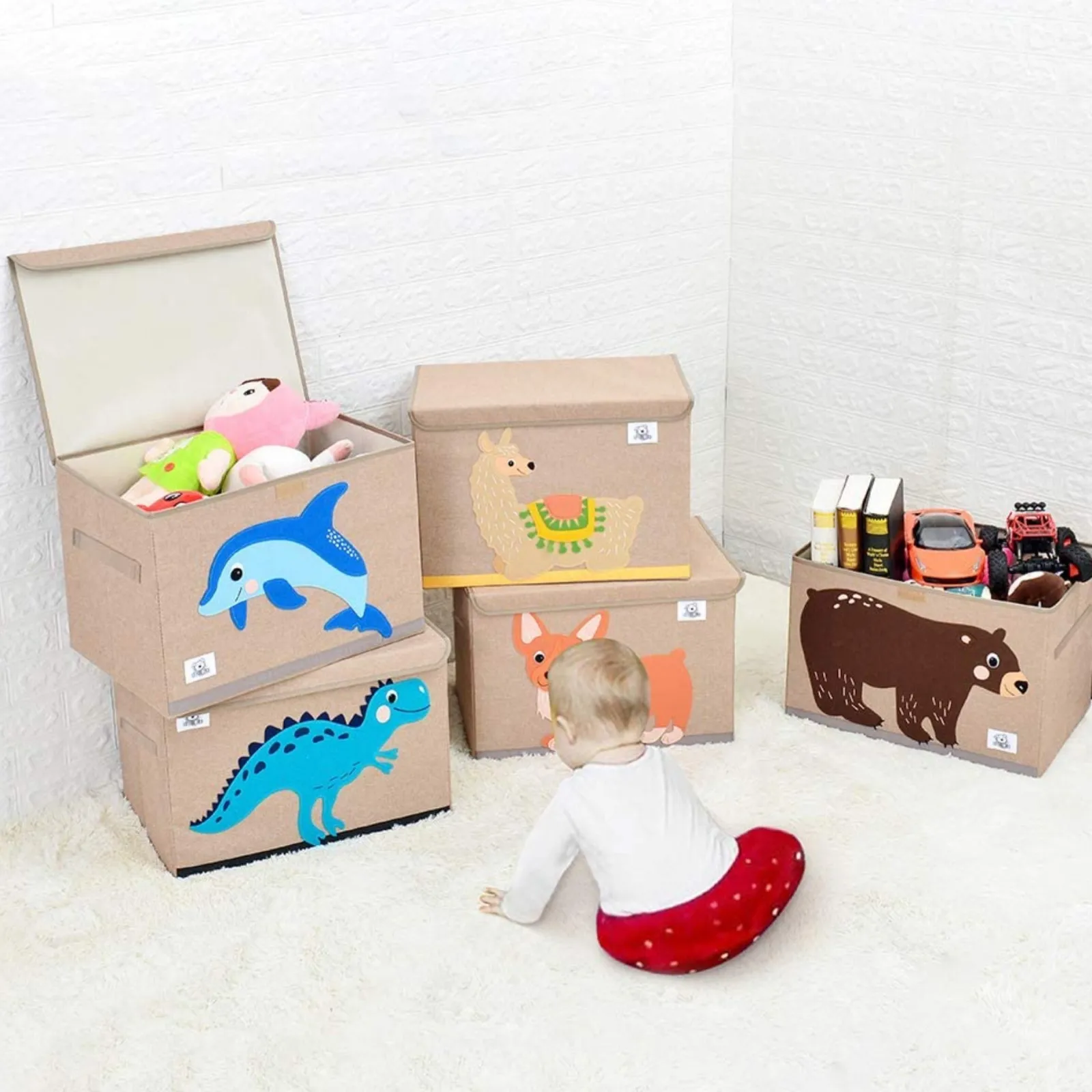 Little Helper Wooden Toys & Educational Toys | Montessori Toys & Products | Large Collapsible Montessori Kids Toy Box with Flip Lid | Sturdy Canvas | 10 Animal Designs | 3D Applique