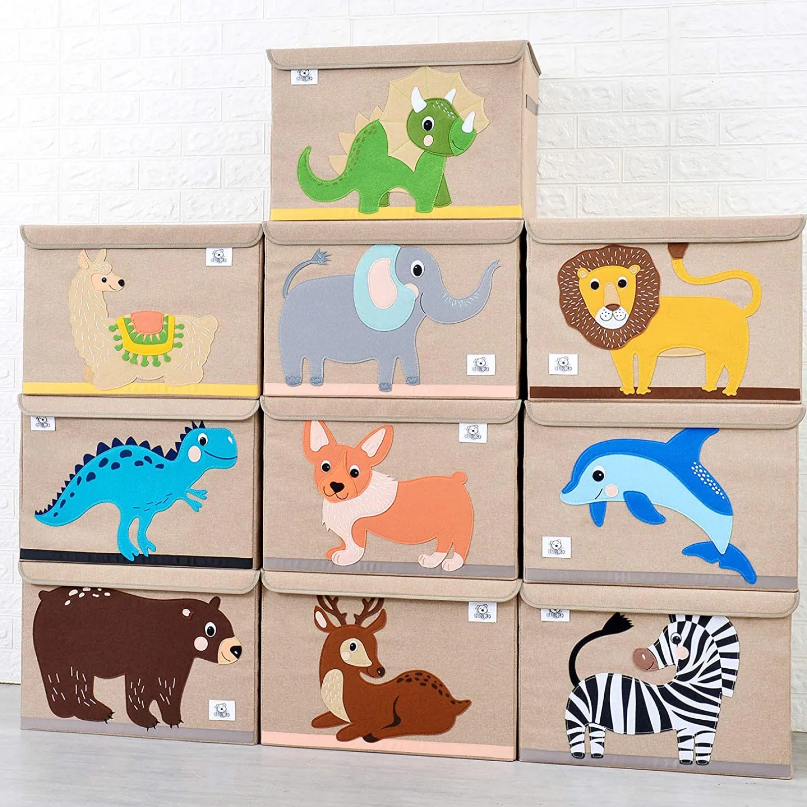 Little Helper Wooden Toys & Educational Toys | Montessori Toys & Products | Large Collapsible Montessori Kids Toy Box with Flip Lid | Sturdy Canvas | 10 Animal Designs | 3D Applique
