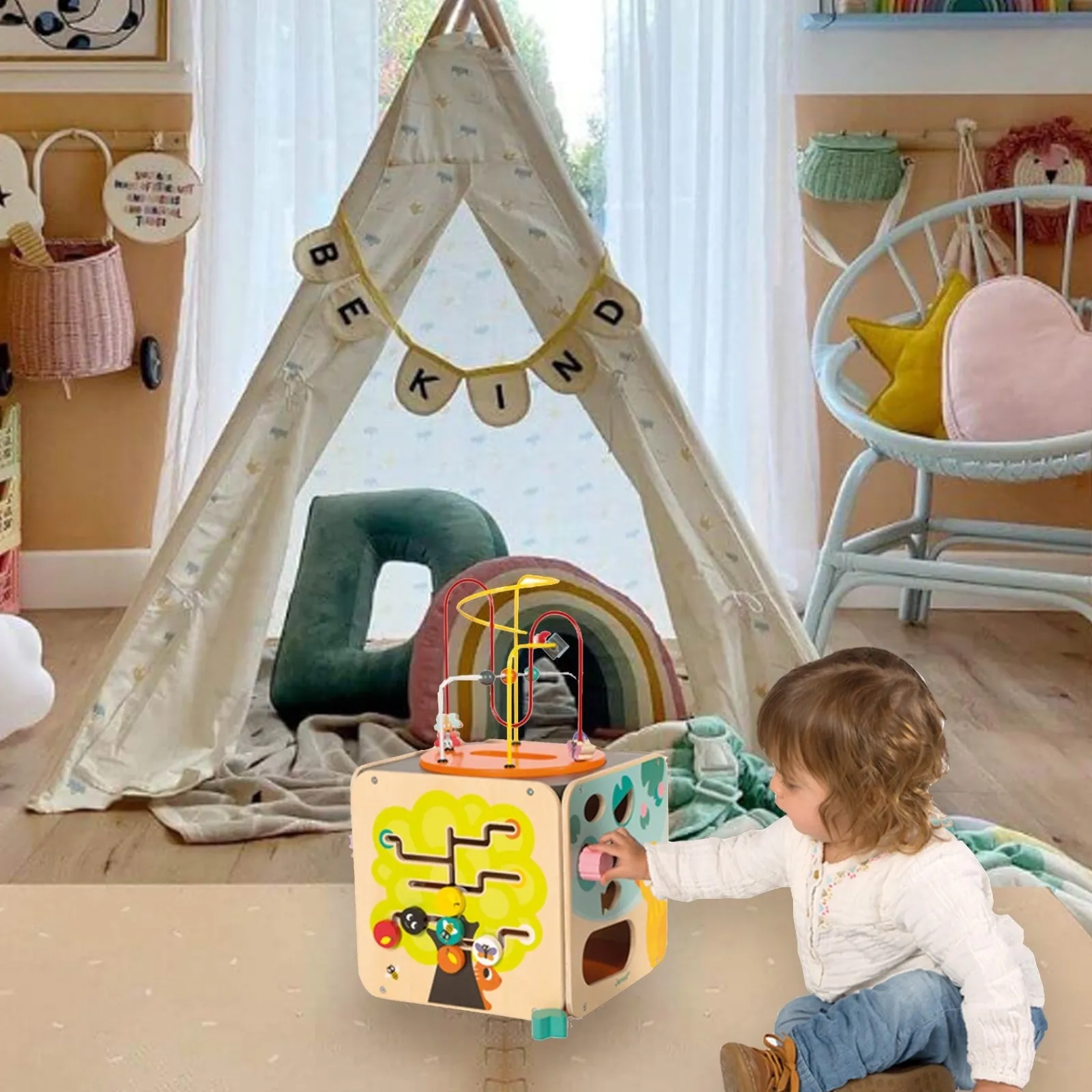 Little Helper Wooden Toys & Educational Toys | Montessori Toys & Products | Large Deluxe Montessori Eco Wood Busy Board | Multi-Activity Cube | Activity Centres, Playsets & Tables | 1-3 years