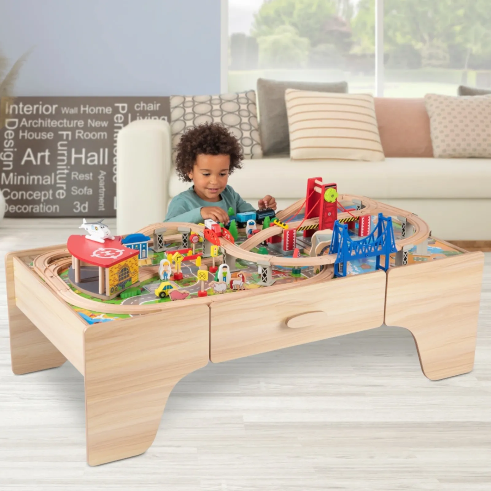 Little Helper Wooden Toys & Educational Toys | Role Play Toys & Pretend Play | Large Deluxe Montessori FSC Wooden Train Set | 2-in-1 Wooden Train Table | 100pc Train Set