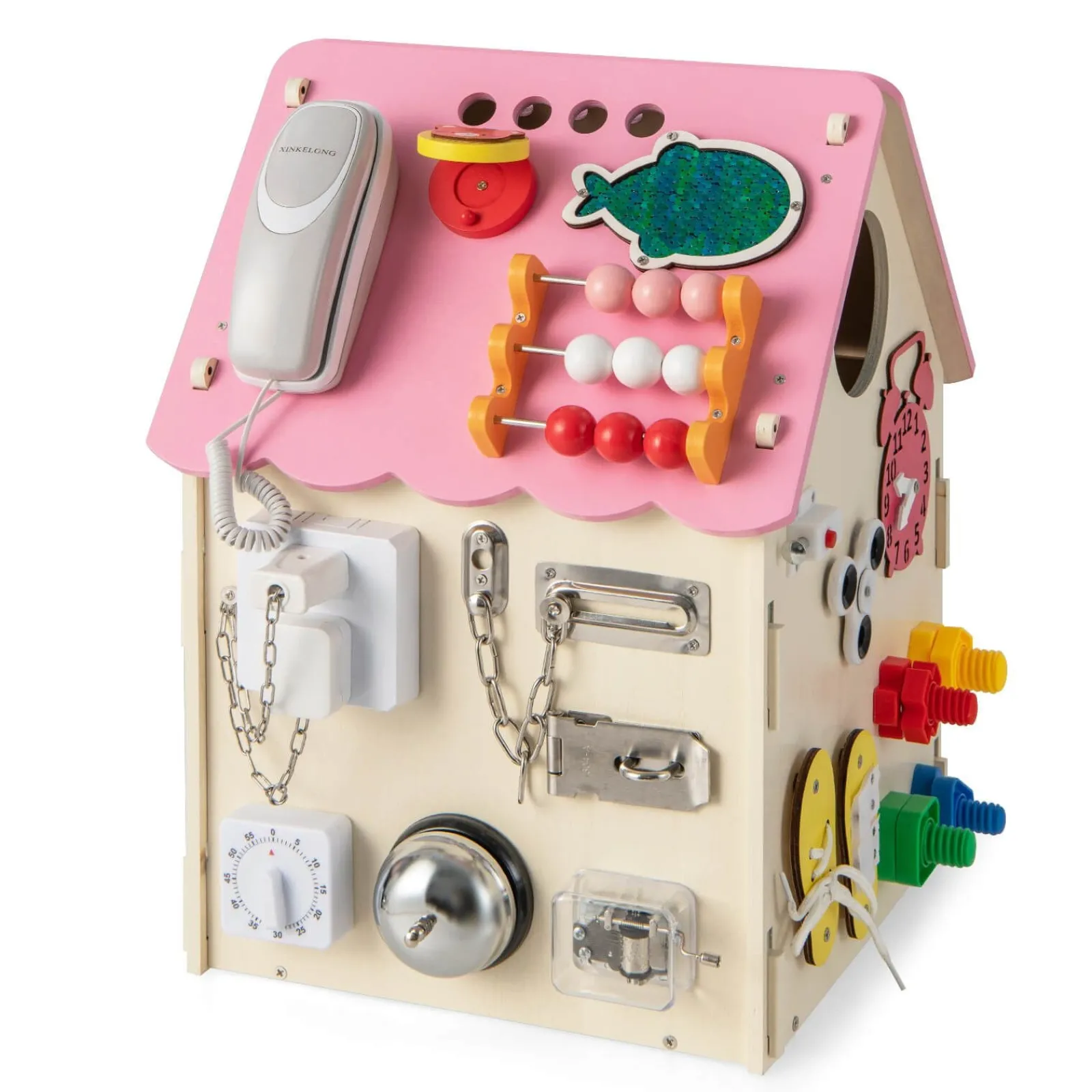 Little Helper Wooden Toys & Educational Toys | Montessori Toys & Products | Large Deluxe Montessori Sensory Busy Board | Learning Activity Toy | Interior Storage | Music Box | Pink