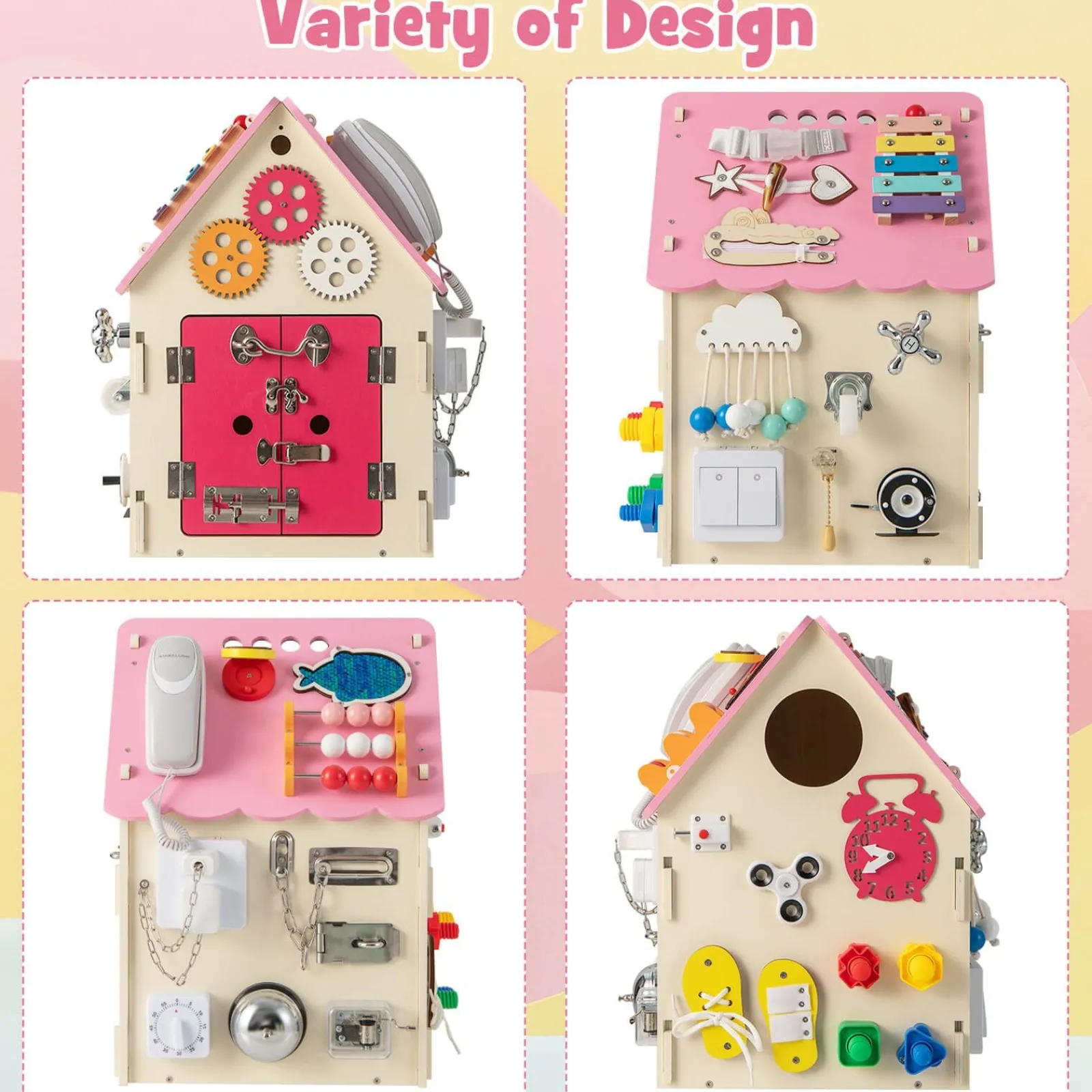 Little Helper Wooden Toys & Educational Toys | Montessori Toys & Products | Large Deluxe Montessori Sensory Busy Board | Learning Activity Toy | Interior Storage | Music Box | Pink