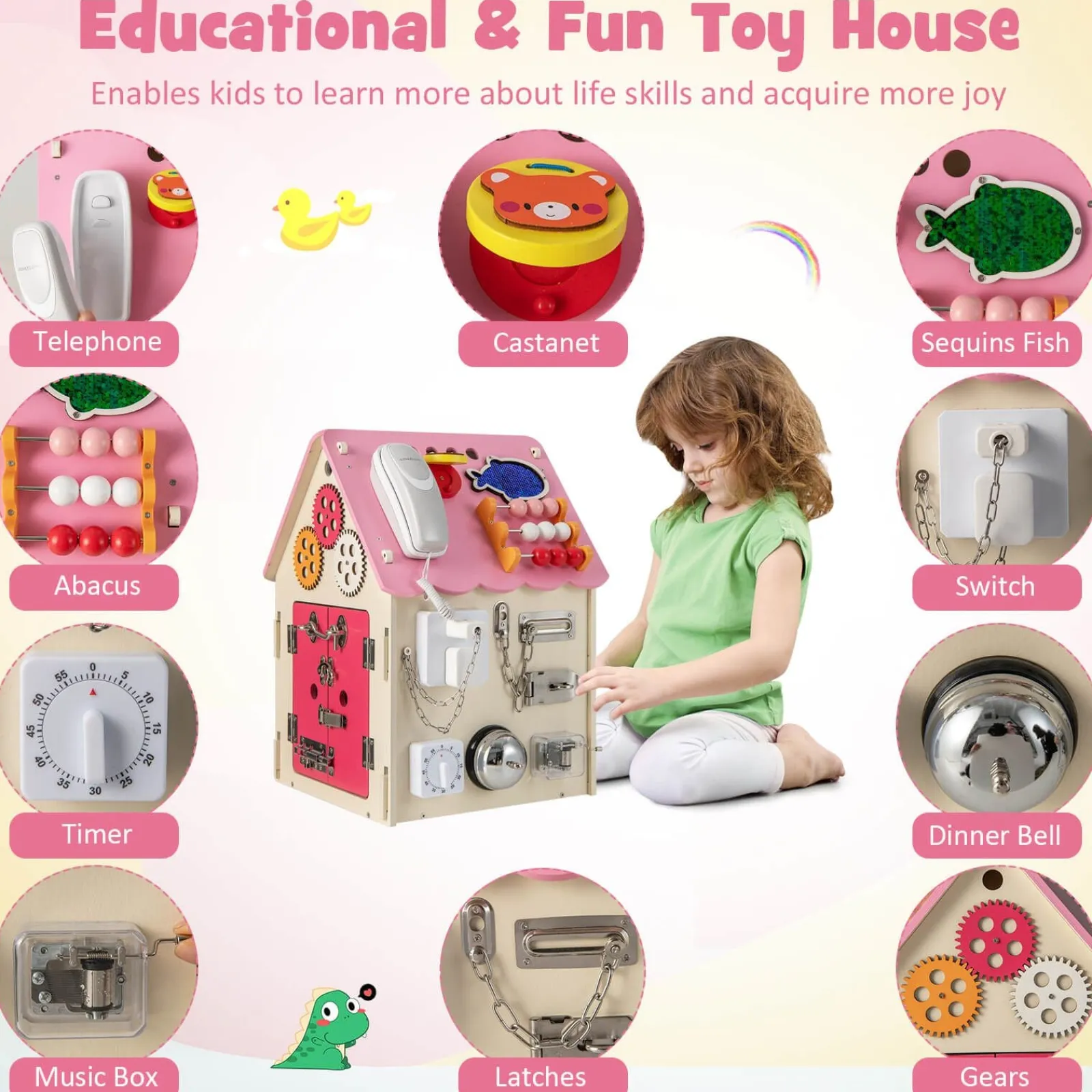 Little Helper Wooden Toys & Educational Toys | Montessori Toys & Products | Large Deluxe Montessori Sensory Busy Board | Learning Activity Toy | Interior Storage | Music Box | Pink