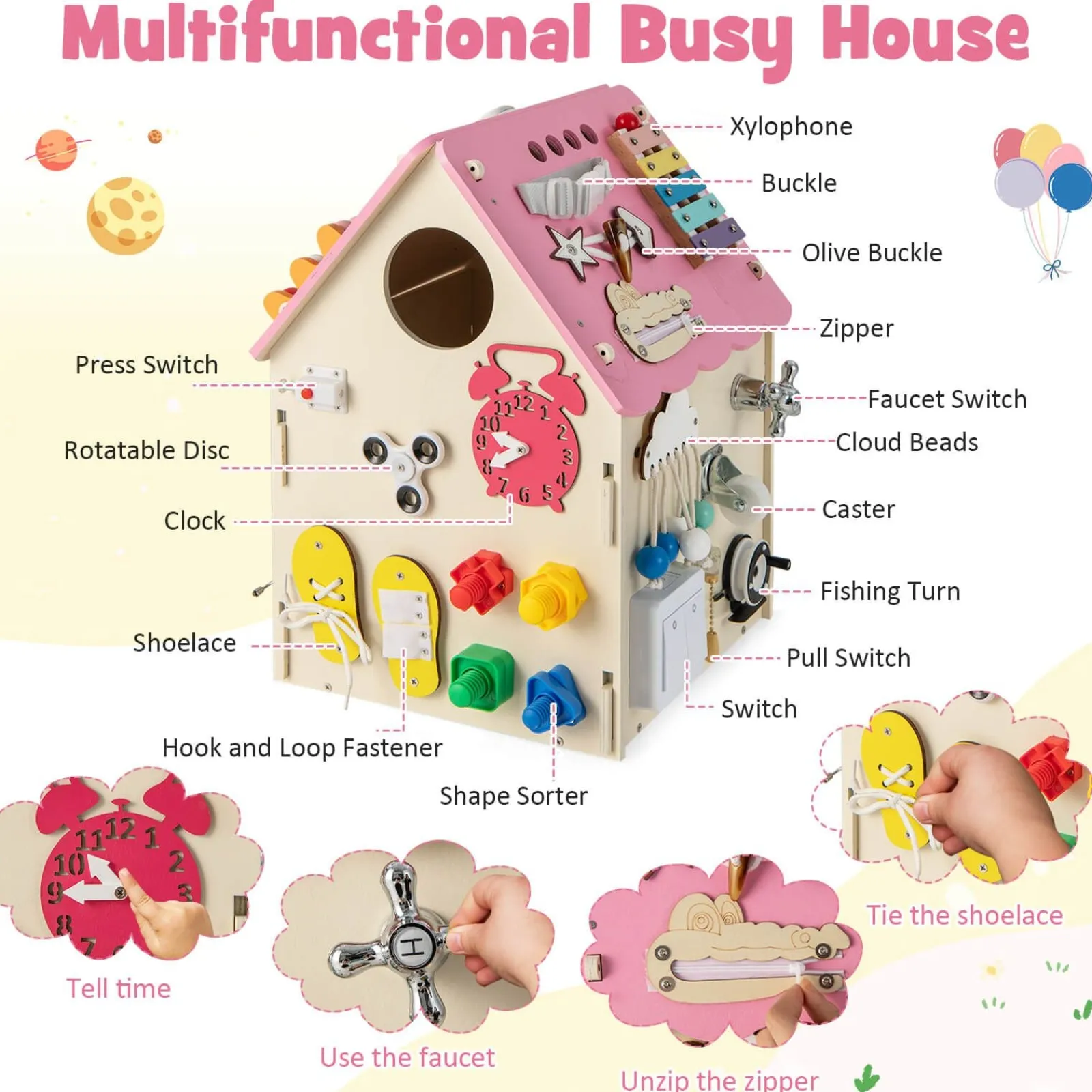 Little Helper Wooden Toys & Educational Toys | Montessori Toys & Products | Large Deluxe Montessori Sensory Busy Board | Learning Activity Toy | Interior Storage | Music Box | Pink