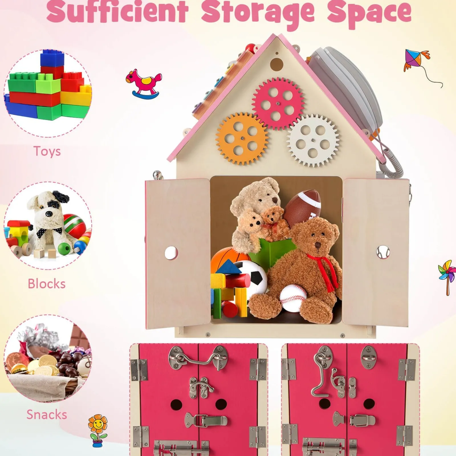 Little Helper Wooden Toys & Educational Toys | Montessori Toys & Products | Large Deluxe Montessori Sensory Busy Board | Learning Activity Toy | Interior Storage | Music Box | Pink