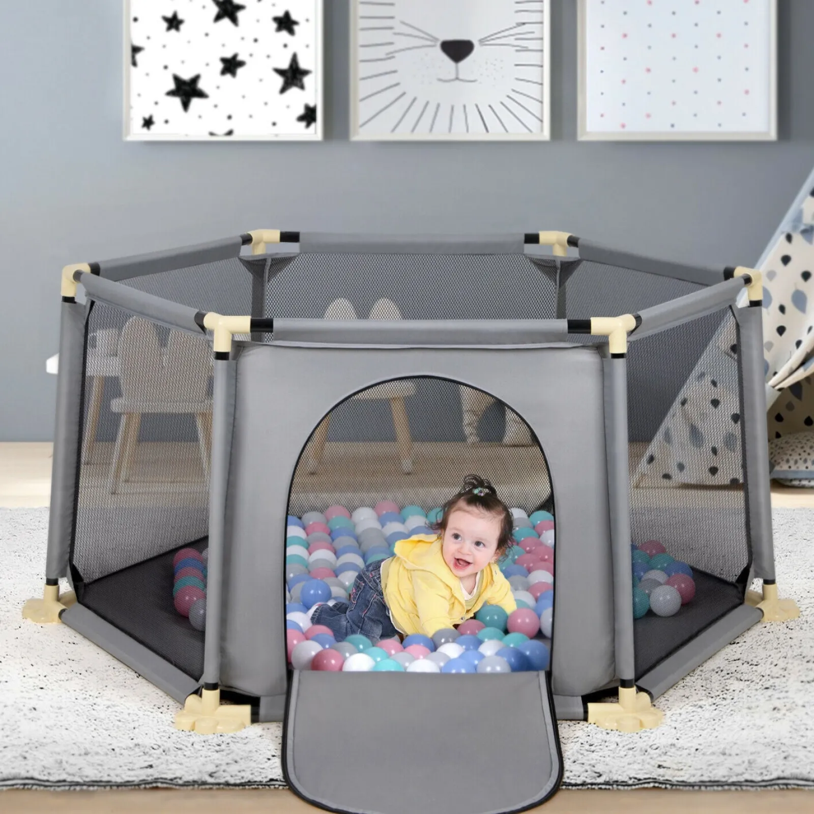 Little Helper Ball Pits & Ball Pools | Baby Playpens | Large Hexganol Baby Playpen & Ball Pool | Grey | 6 - 36m