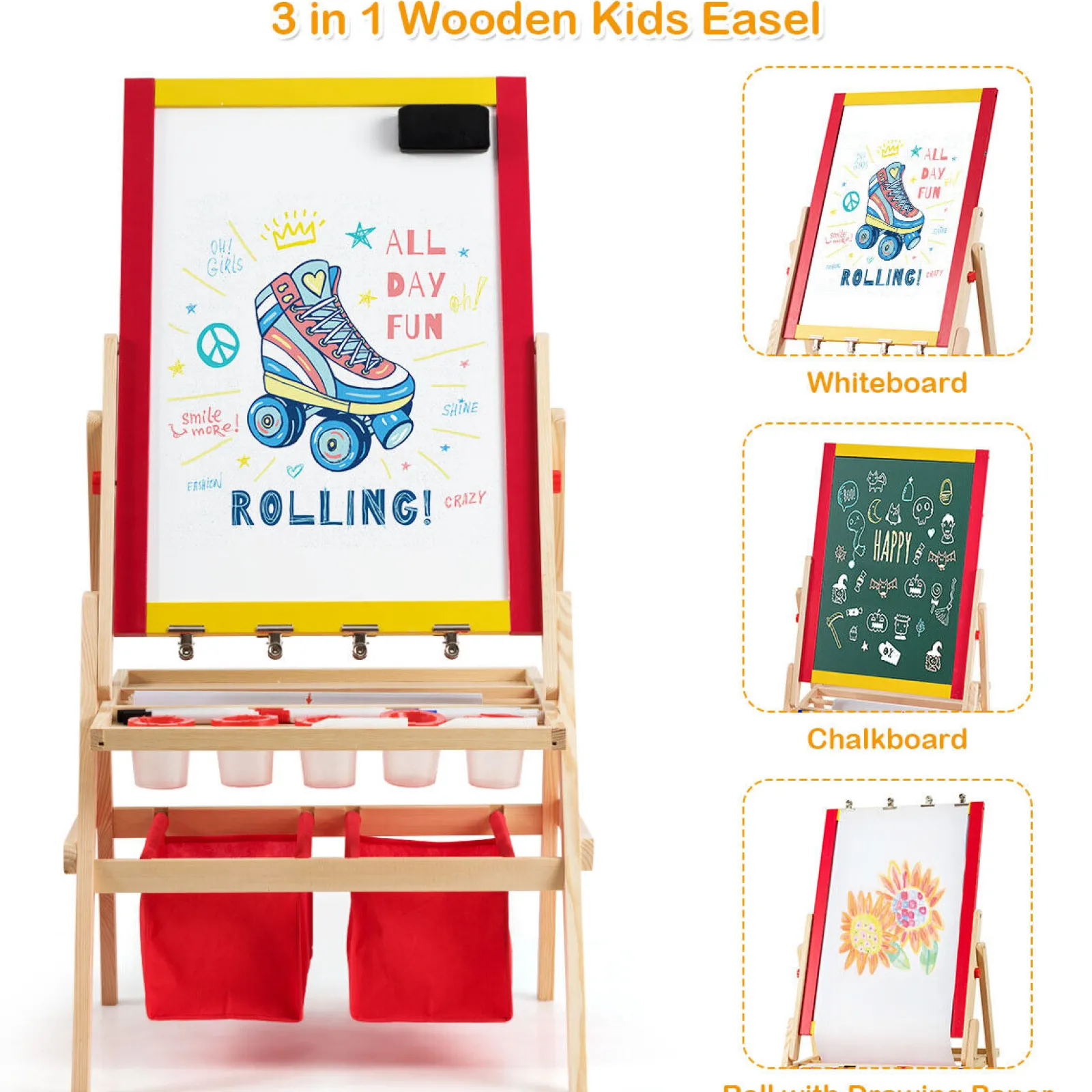 Little Helper Kids Arts & Crafts & Accessories | Easels & Accessories | Large 3-in-1 Eco Conscious Pine Wood Easel | Whiteboard | Blackboard Double Easel | 3-10 years