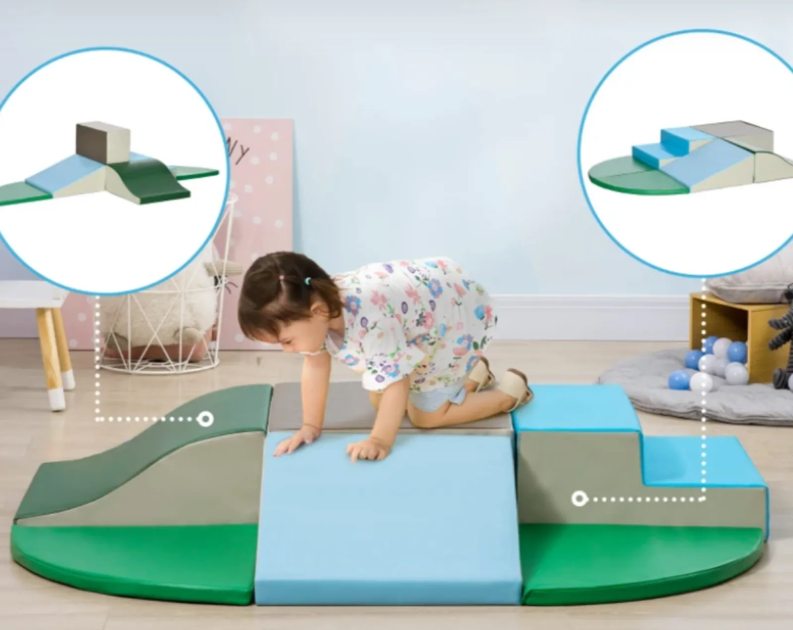 Little Helper Kids Climbing Frames & Activity Toys | Montessori Toys & Products | Large Indoor & Outdoor Soft Play Equipment | Montessori 6 Piece Foam Play Set with Steps | Blue & Green | 18 months+
