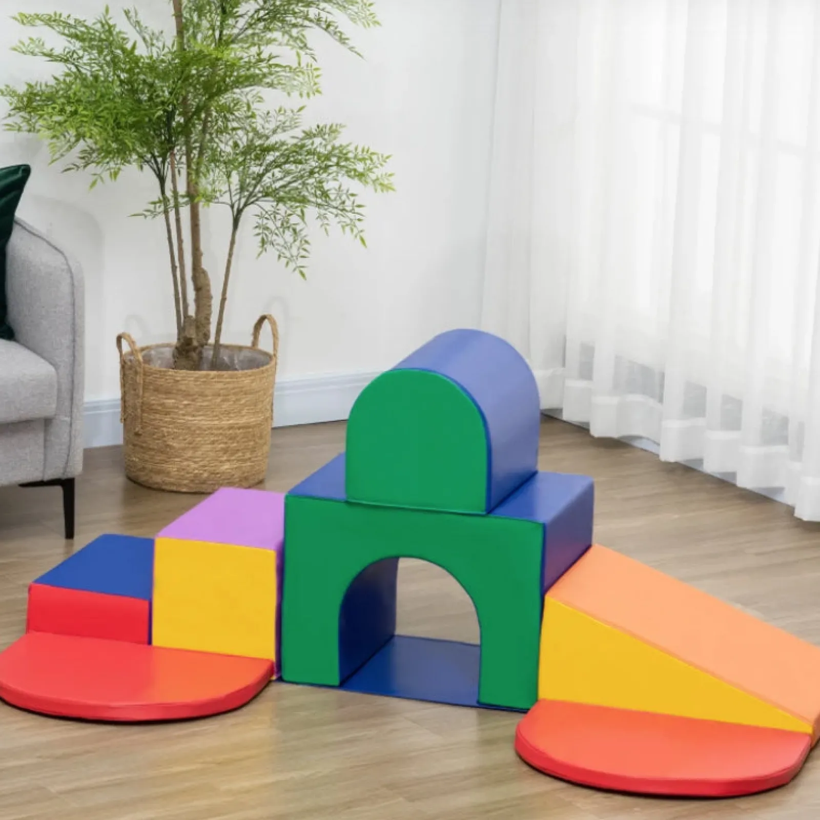 Little Helper Swing & Slide Sets & Garden Play & Trampolines | Kids Climbing Frames & Activity Toys | Large Indoor Soft Play Equipment | Montessori 7 Piece Foam Play Set with Steps & Tunnel | Primary Colours | 18 months+