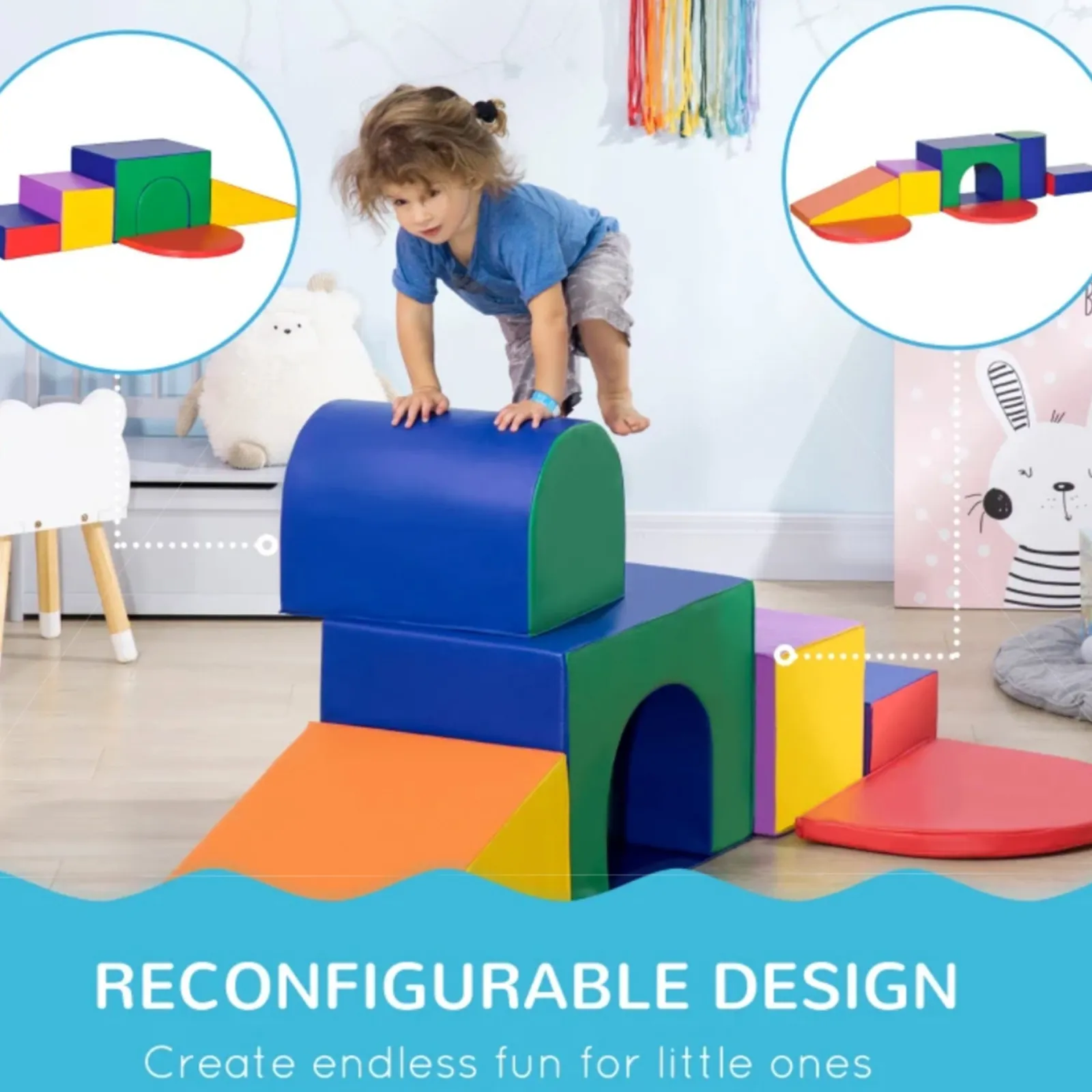 Little Helper Swing & Slide Sets & Garden Play & Trampolines | Kids Climbing Frames & Activity Toys | Large Indoor Soft Play Equipment | Montessori 7 Piece Foam Play Set with Steps & Tunnel | Primary Colours | 18 months+
