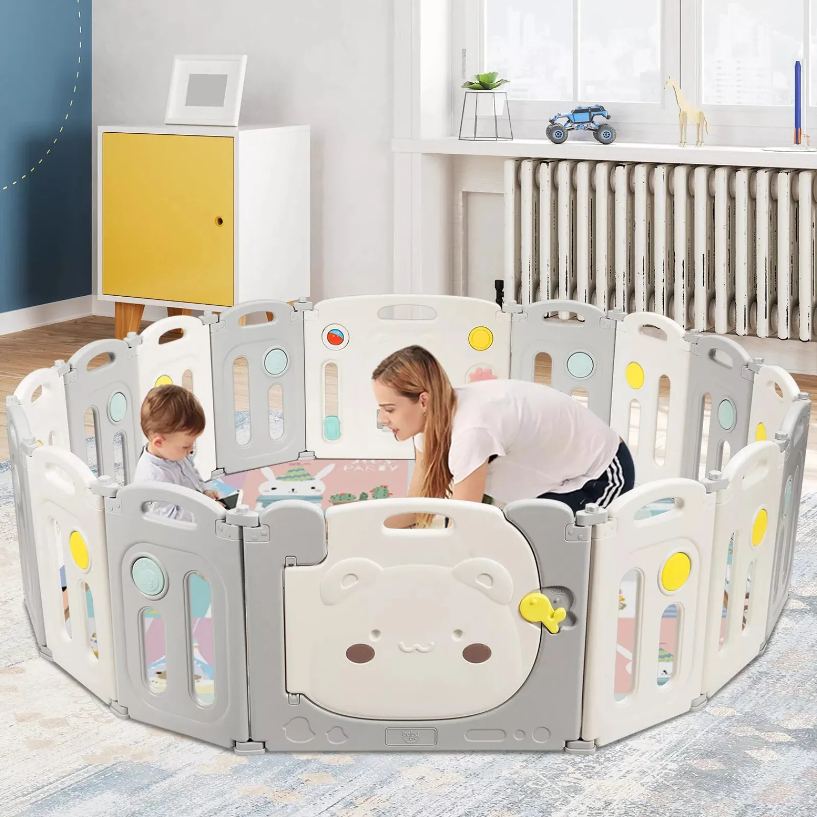 Little Helper Ball Pits & Ball Pools | Baby Playpens | Large Montessori 16 Panel Folding Baby Bear Playpen and Ball Pool with Activity Panel | Modular | Grey & White | 1.95 x 1.6m | 6 months +