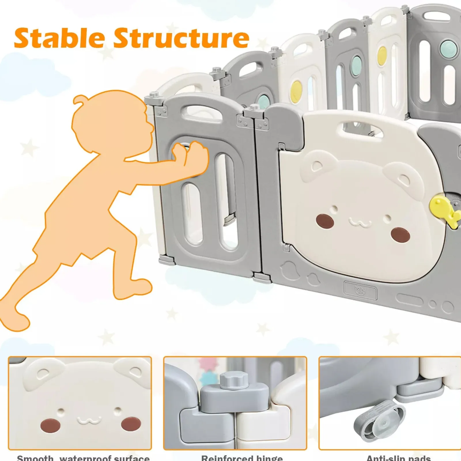 Little Helper Ball Pits & Ball Pools | Baby Playpens | Large Montessori 16 Panel Folding Baby Bear Playpen and Ball Pool with Activity Panel | Modular | Grey & White | 1.95 x 1.6m | 6 months +