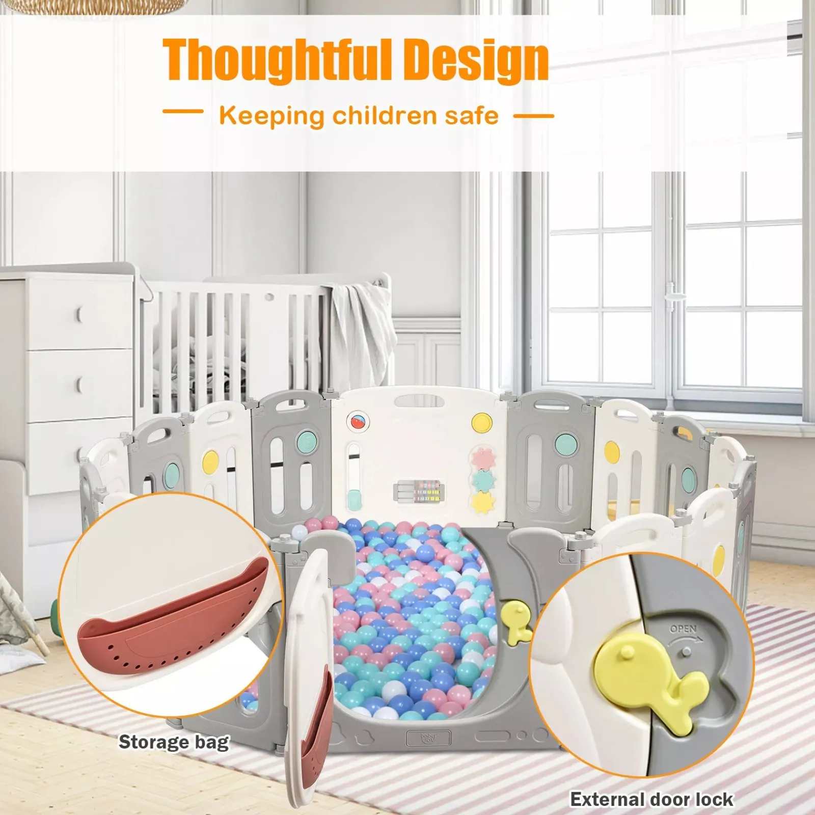 Little Helper Ball Pits & Ball Pools | Baby Playpens | Large Montessori 16 Panel Folding Baby Bear Playpen and Ball Pool with Activity Panel | Modular | Grey & White | 1.95 x 1.6m | 6 months +