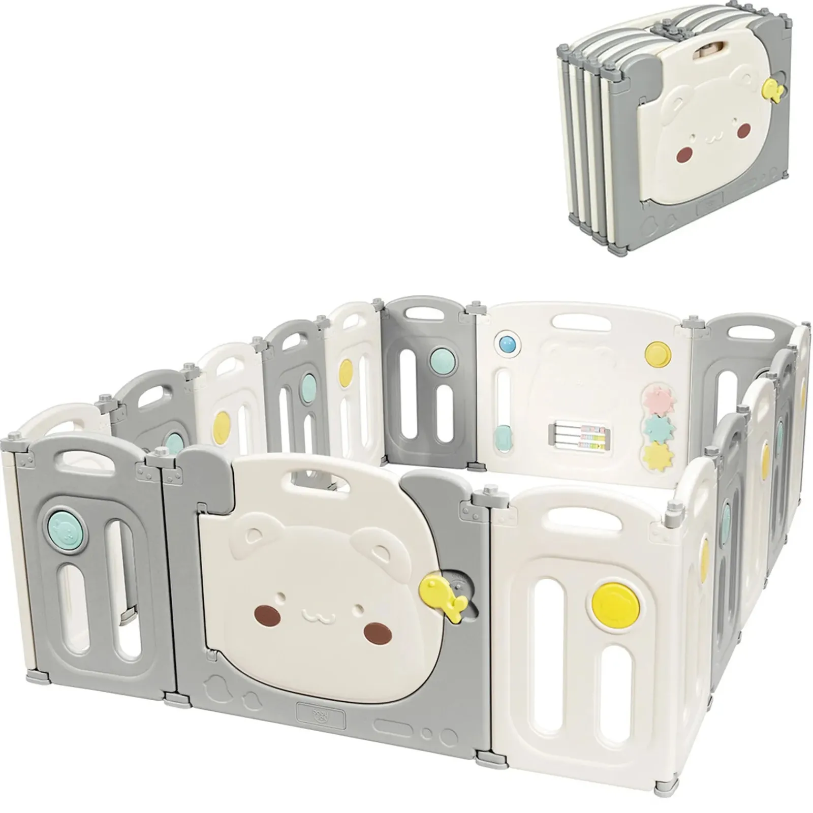 Little Helper Ball Pits & Ball Pools | Baby Playpens | Large Montessori 16 Panel Folding Baby Bear Playpen and Ball Pool with Activity Panel | Modular | Grey & White | 1.95 x 1.6m | 6 months +