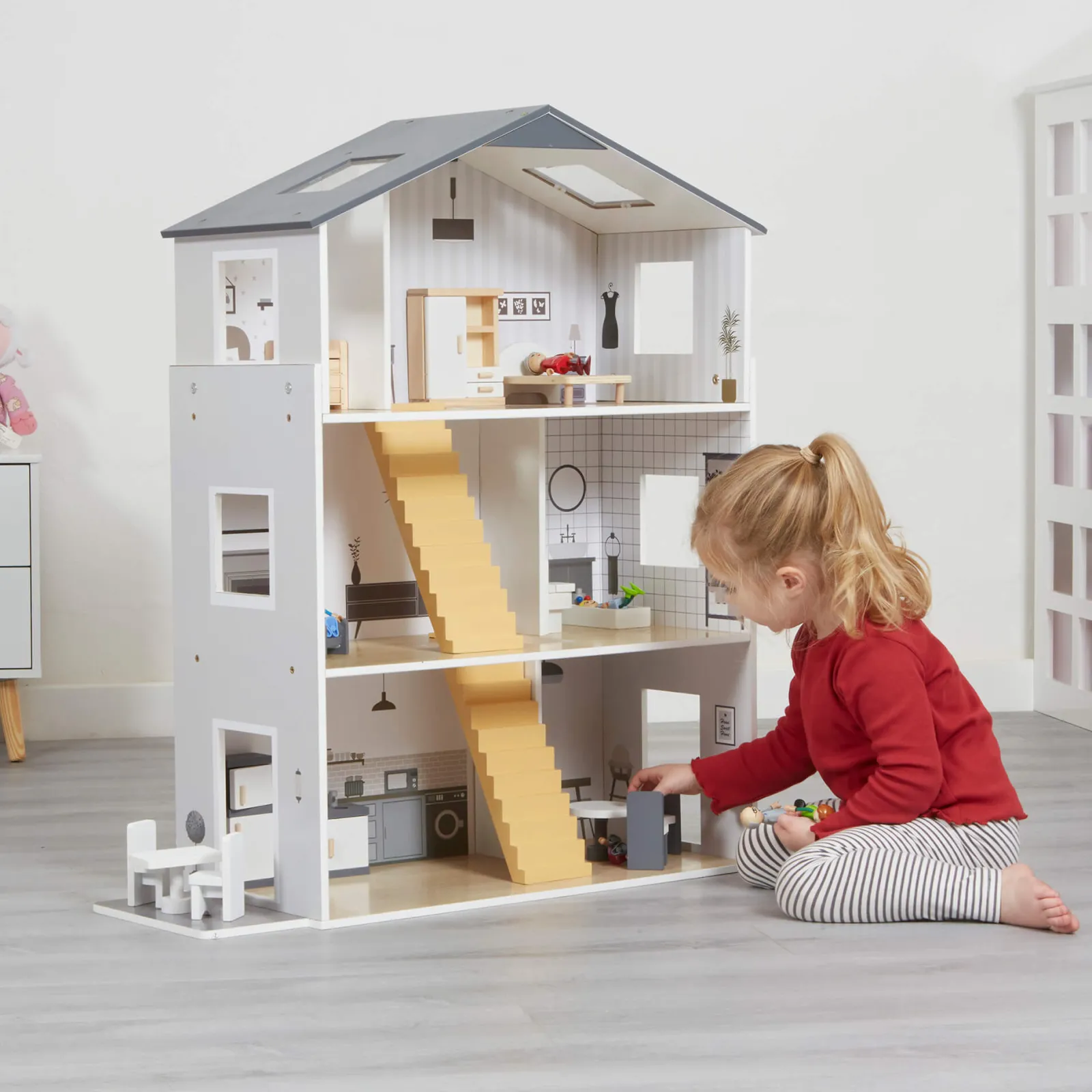 Little Helper Wooden Toys & Educational Toys | Montessori Toys & Products | Large Montessori Detailed & Realistic Wooden Dolls House | 3 Storey Dollhouse | 18 Furniture Pieces