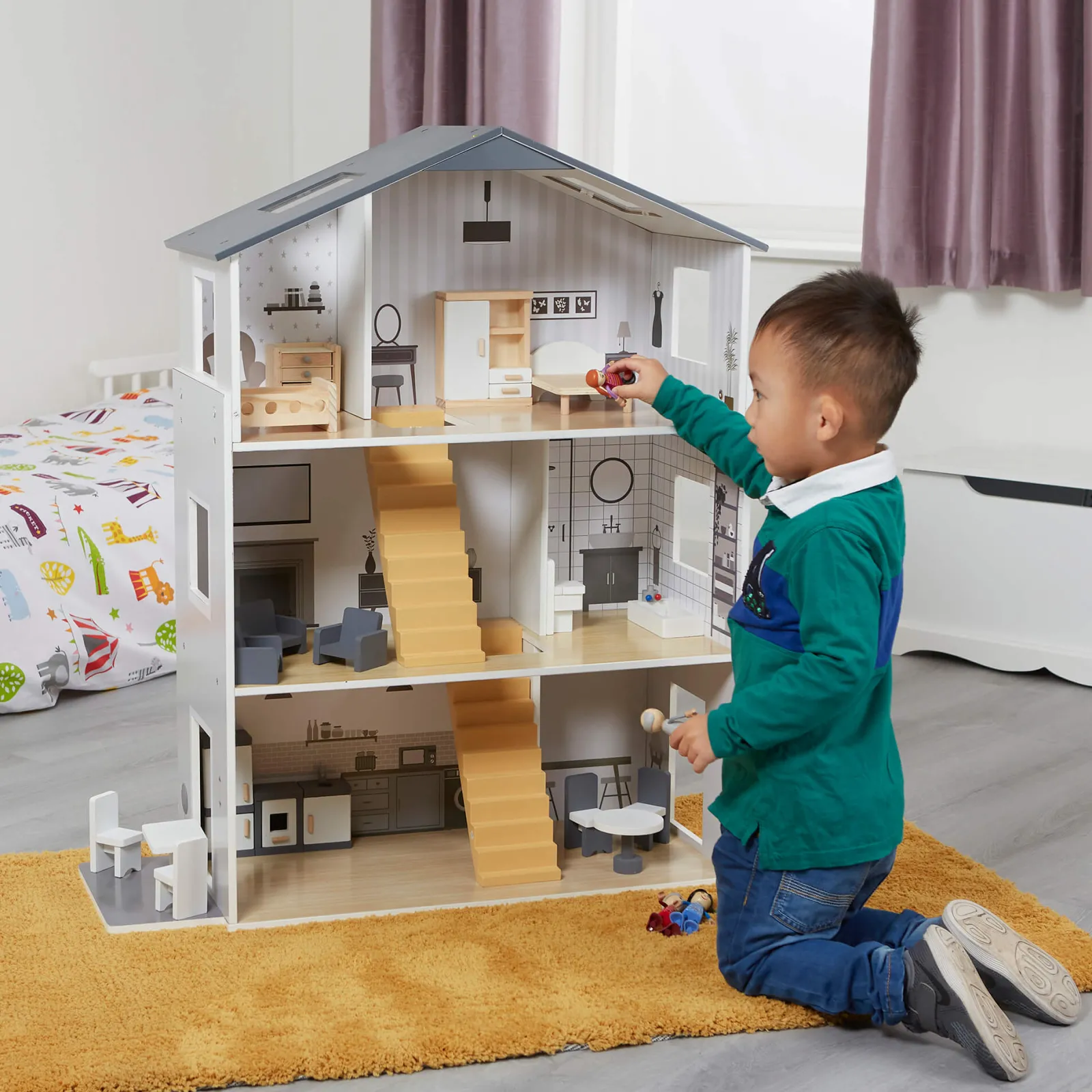 Little Helper Wooden Toys & Educational Toys | Montessori Toys & Products | Large Montessori Detailed & Realistic Wooden Dolls House | 3 Storey Dollhouse | 18 Furniture Pieces