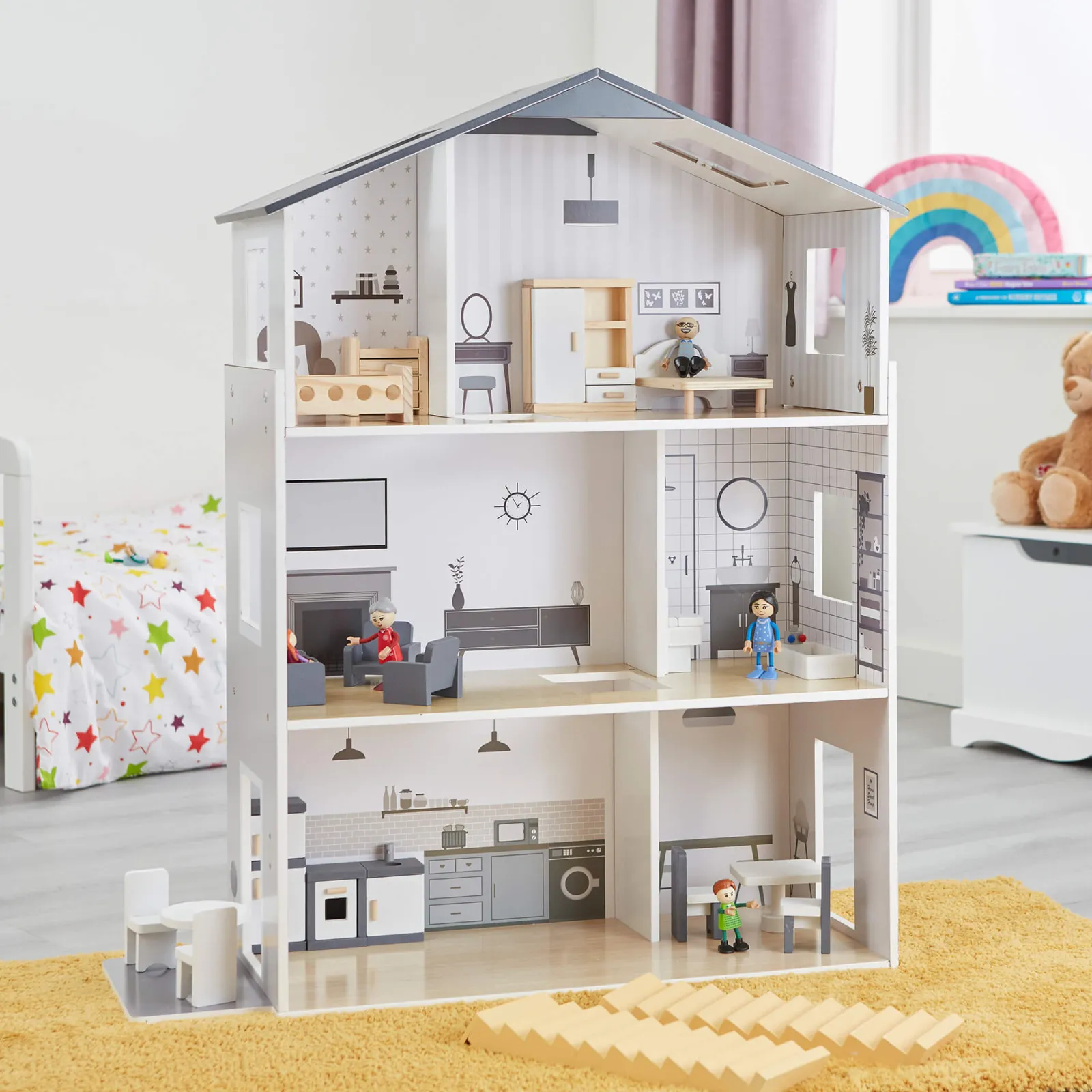 Little Helper Wooden Toys & Educational Toys | Montessori Toys & Products | Large Montessori Detailed & Realistic Wooden Dolls House | 3 Storey Dollhouse | 18 Furniture Pieces