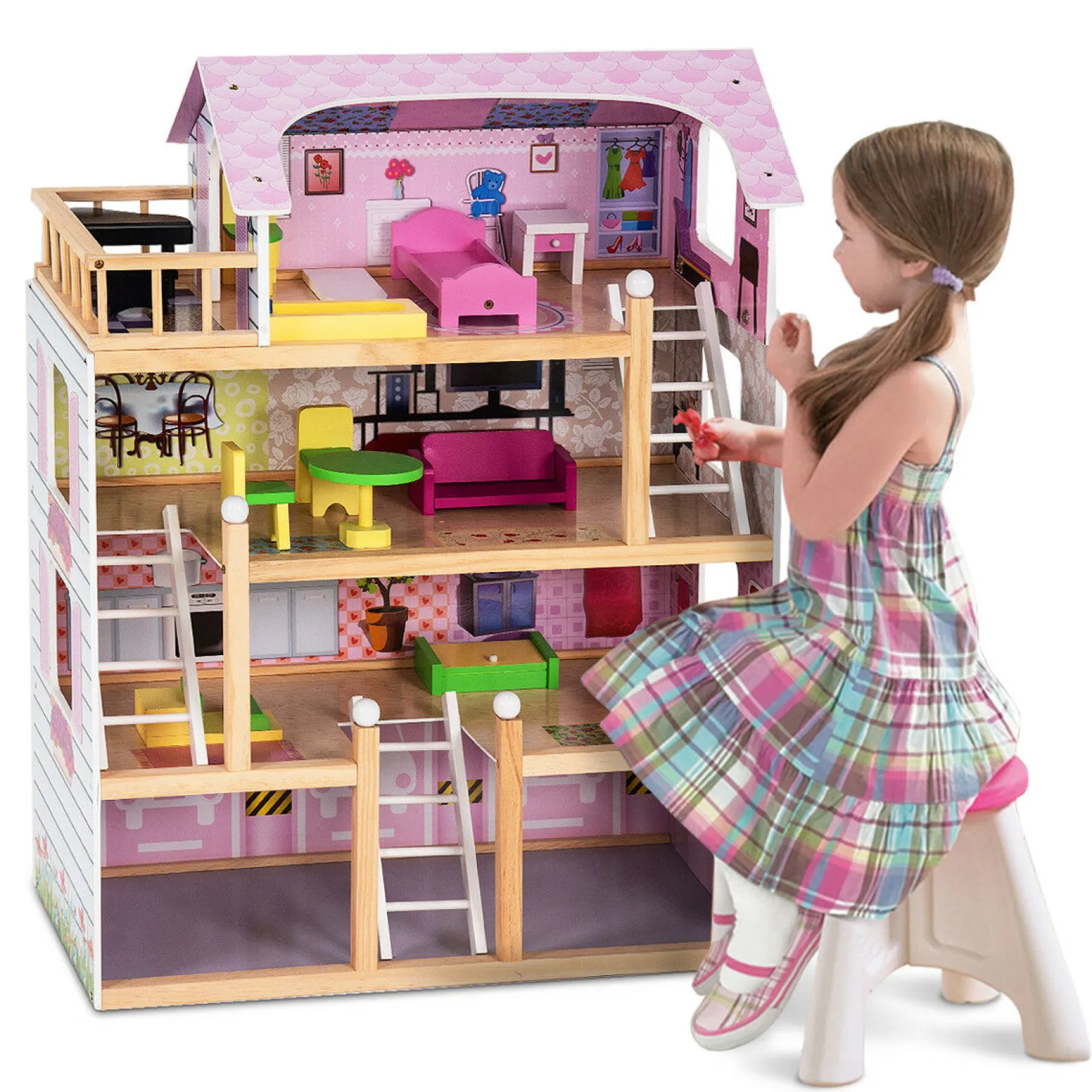 Little Helper Wooden Toys & Educational Toys | Dollhouses | Large Montessori Detailed Eco Wooden Dolls House | 4 Storey Dollhouse | Furniture Pieces | 3 years+