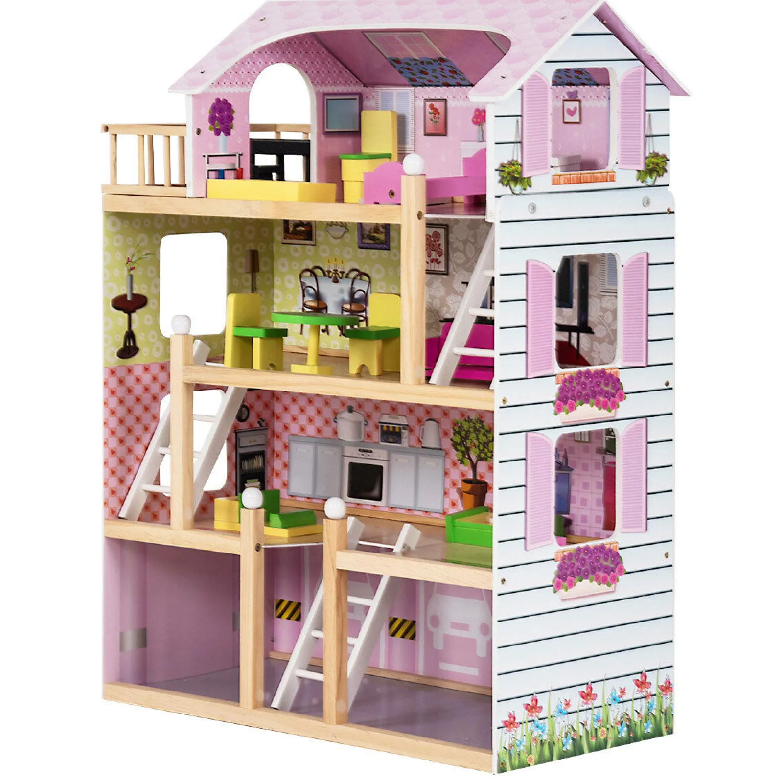 Little Helper Wooden Toys & Educational Toys | Dollhouses | Large Montessori Detailed Eco Wooden Dolls House | 4 Storey Dollhouse | Furniture Pieces | 3 years+