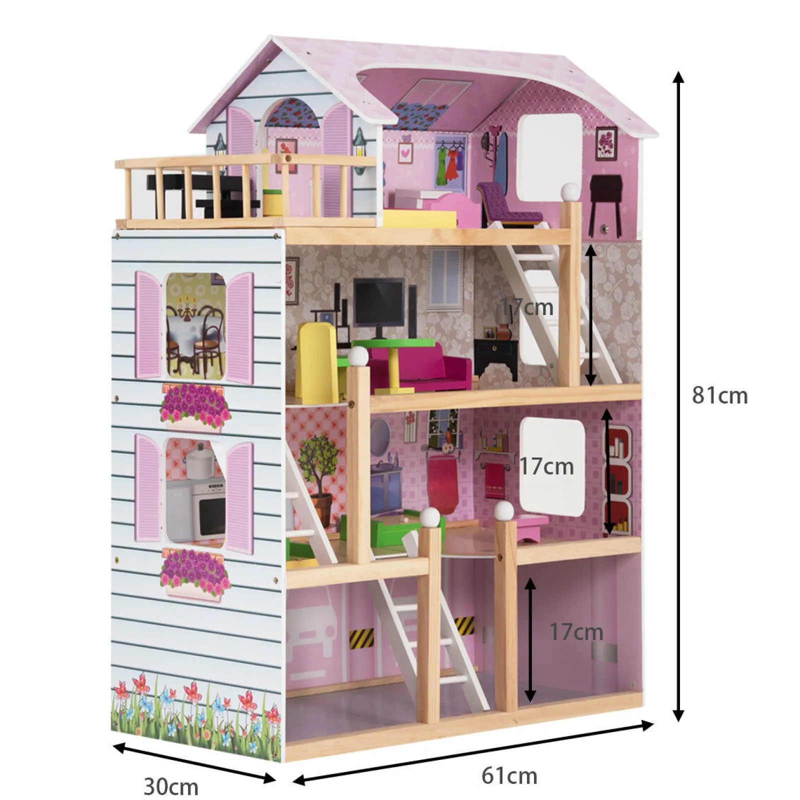 Little Helper Wooden Toys & Educational Toys | Dollhouses | Large Montessori Detailed Eco Wooden Dolls House | 4 Storey Dollhouse | Furniture Pieces | 3 years+