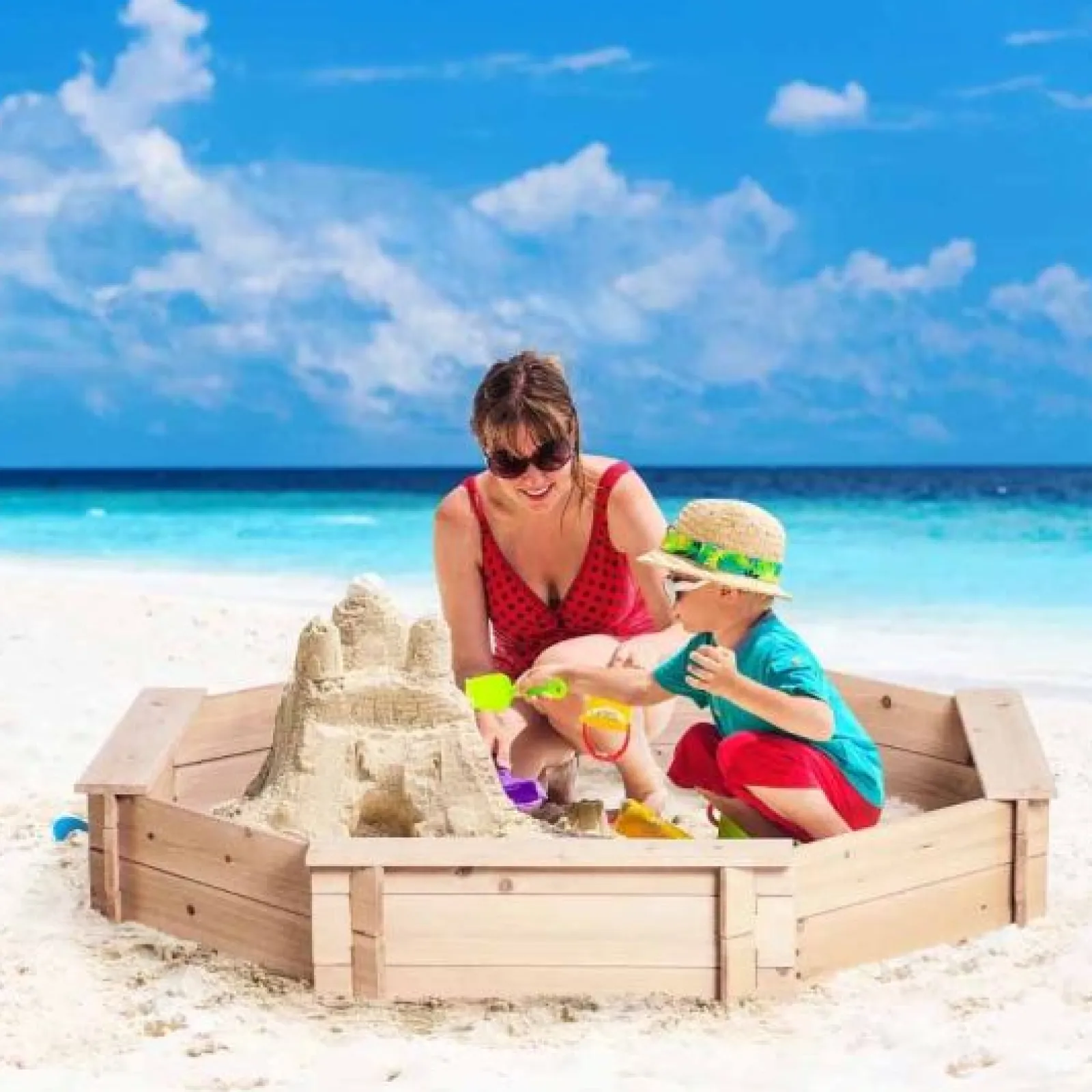Little Helper Sand & Water Table & Sandpits & Mud Kitchens | Large Montessori Hexagonal Eco Wooden Sandpit with FREE Cover | 1.4m diameter