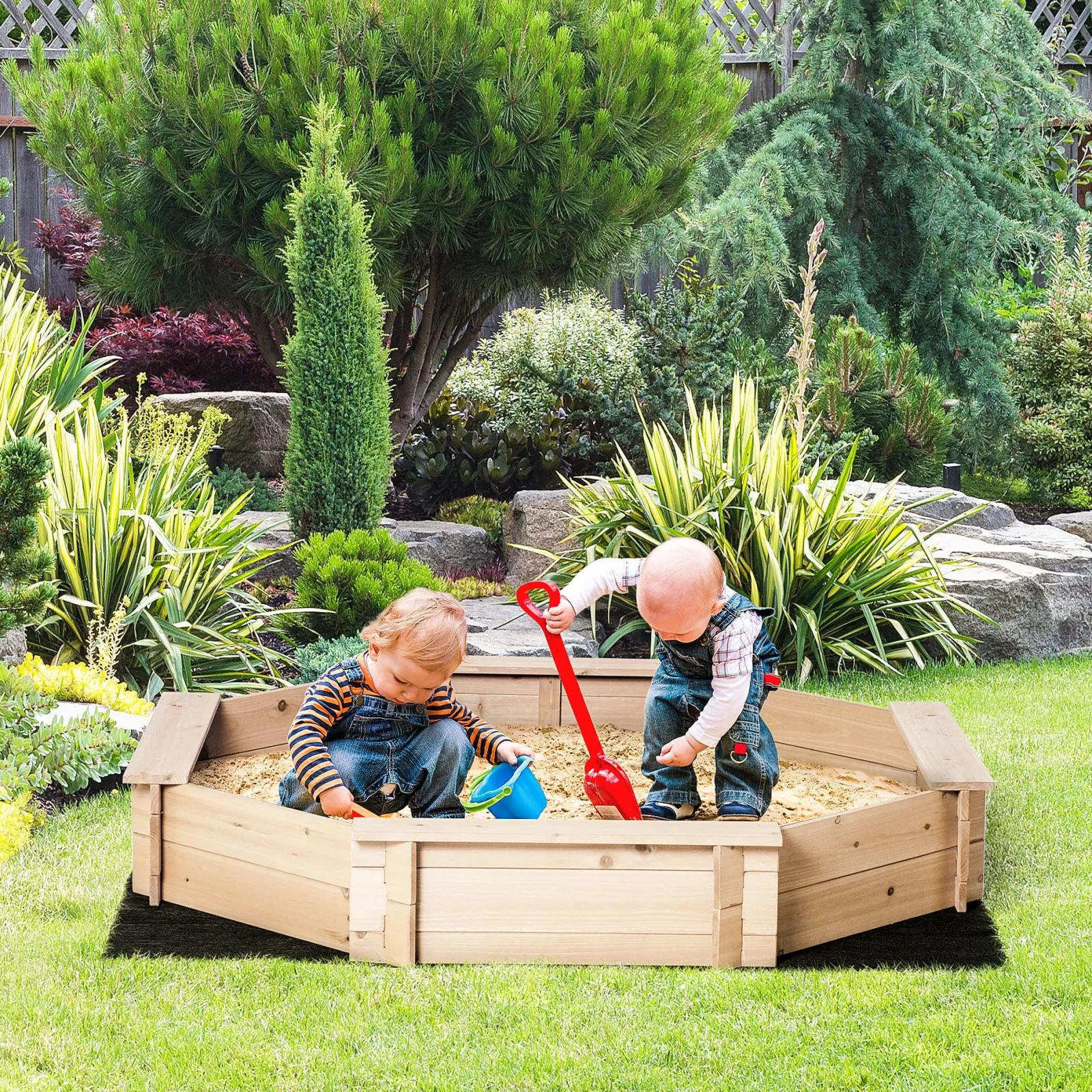 Little Helper Sand & Water Table & Sandpits & Mud Kitchens | Large Montessori Hexagonal Eco Wooden Sandpit with FREE Cover | 1.4m diameter