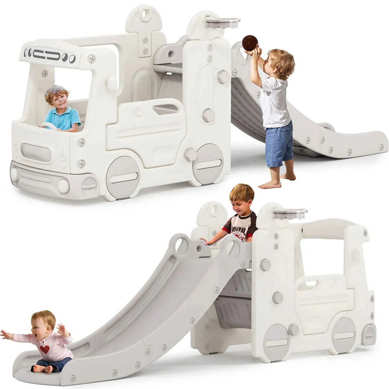 Little Helper Swing & Slide Sets & Garden Play & Trampolines | Montessori Toys & Products | Large Montessori 4-in-1 Bus & Slide With Basketball Hoop | Drive | Climb | Slide | Shoot Hoops | 2 Years+