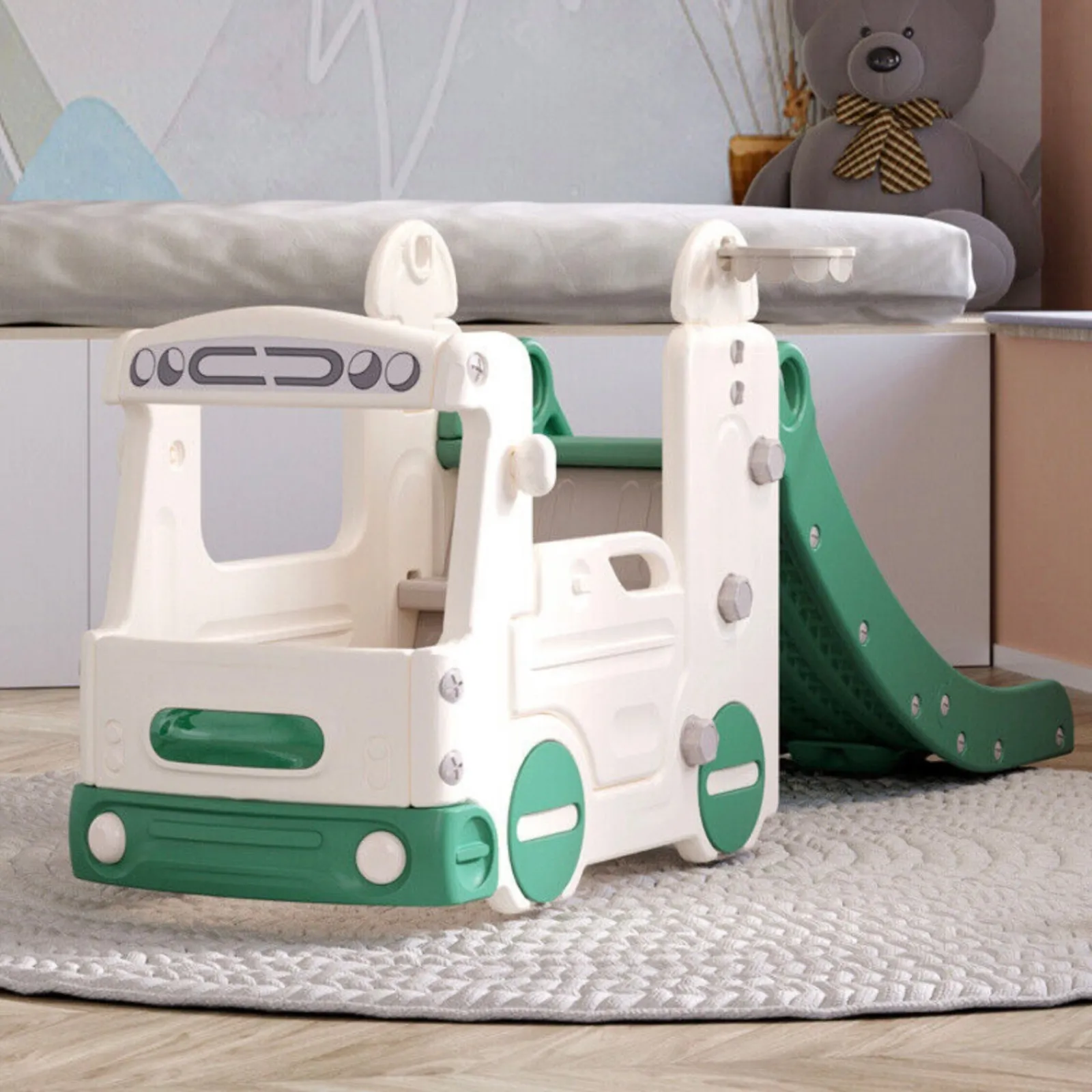 Little Helper Swing & Slide Sets & Garden Play & Trampolines | Montessori Toys & Products | Large Montessori 4-in-1 Bus & Slide With Basketball Hoop | Drive | Climb | Slide | Shoot Hoops | 2 Years+