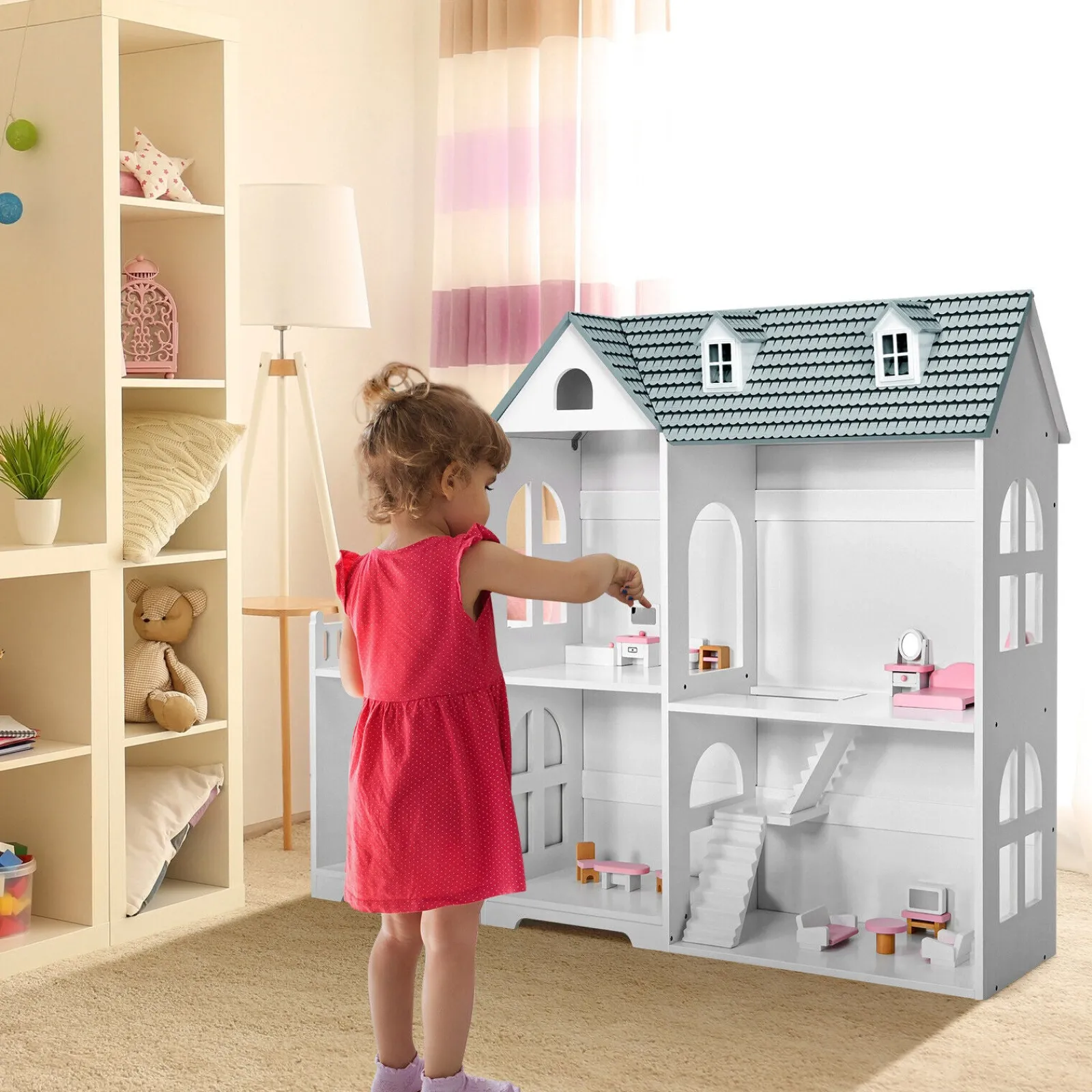 Little Helper Dollhouses | Large Montessori 2-Tier Dollhouse | Role Play | White