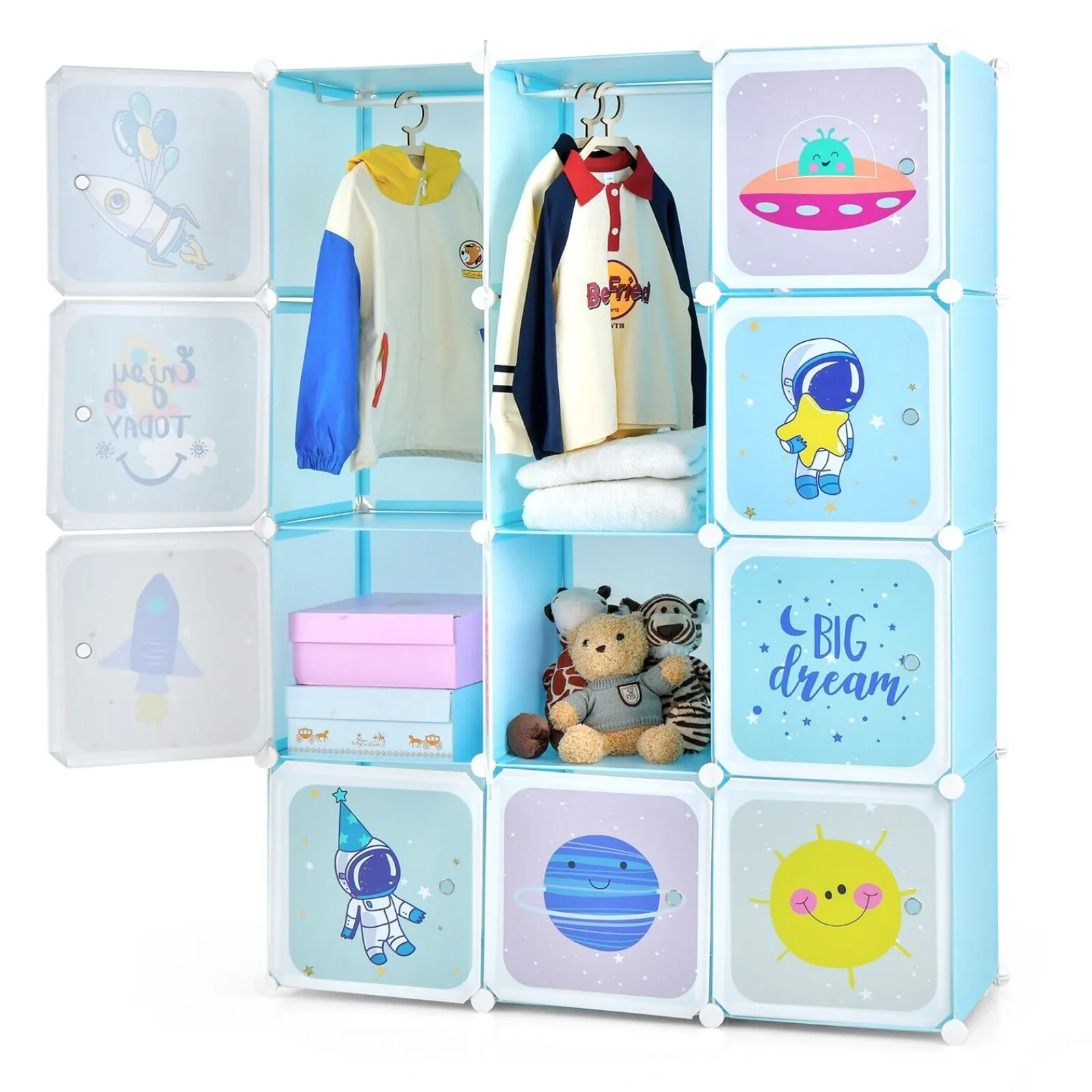 Little Helper Clothes Rail & Dressing Up Rails | Kids Clothes Rail | Large Portable Wardrobe cum Storage Unit | 12 Cubes | Toy Storage | Blue
