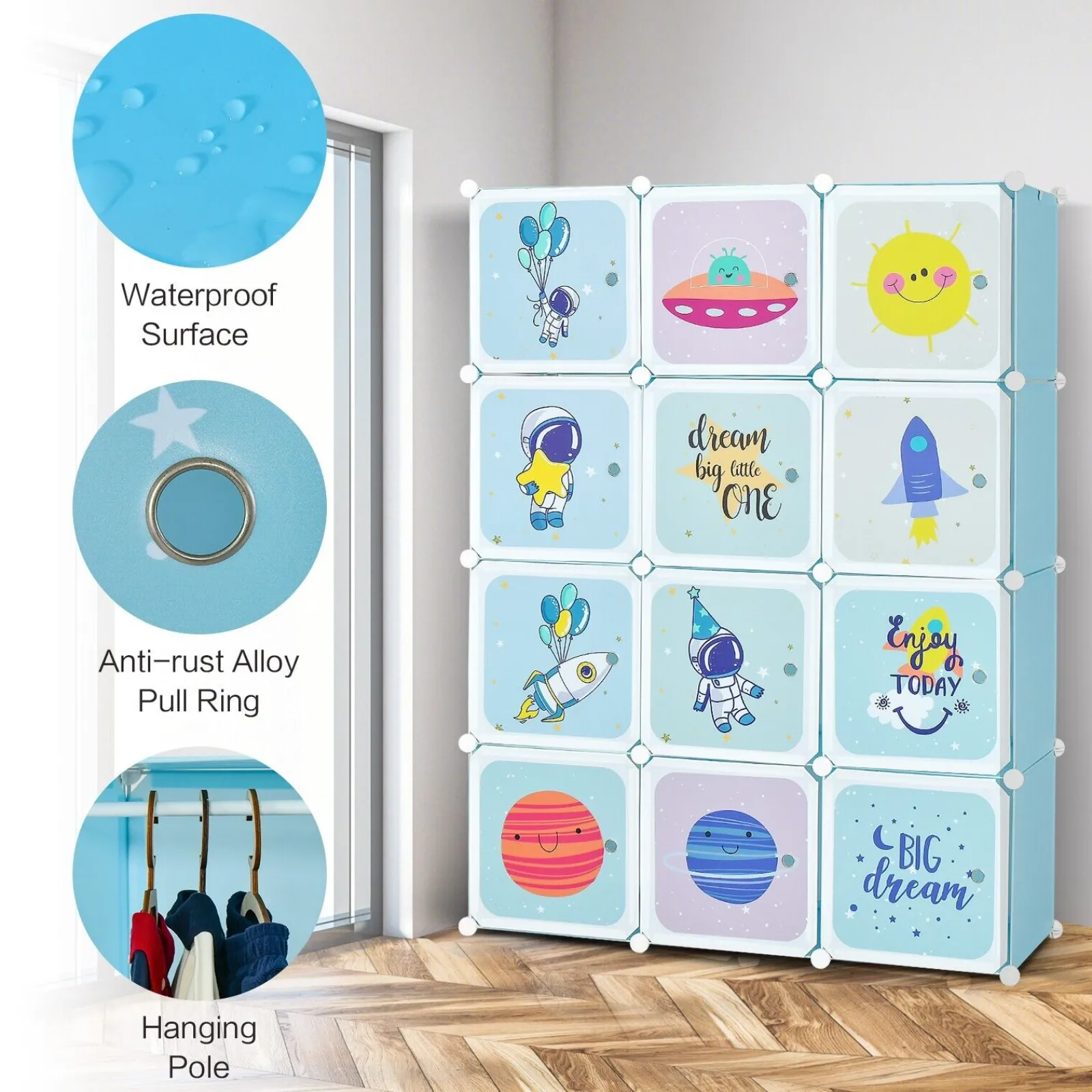 Little Helper Clothes Rail & Dressing Up Rails | Kids Clothes Rail | Large Portable Wardrobe cum Storage Unit | 12 Cubes | Toy Storage | Blue