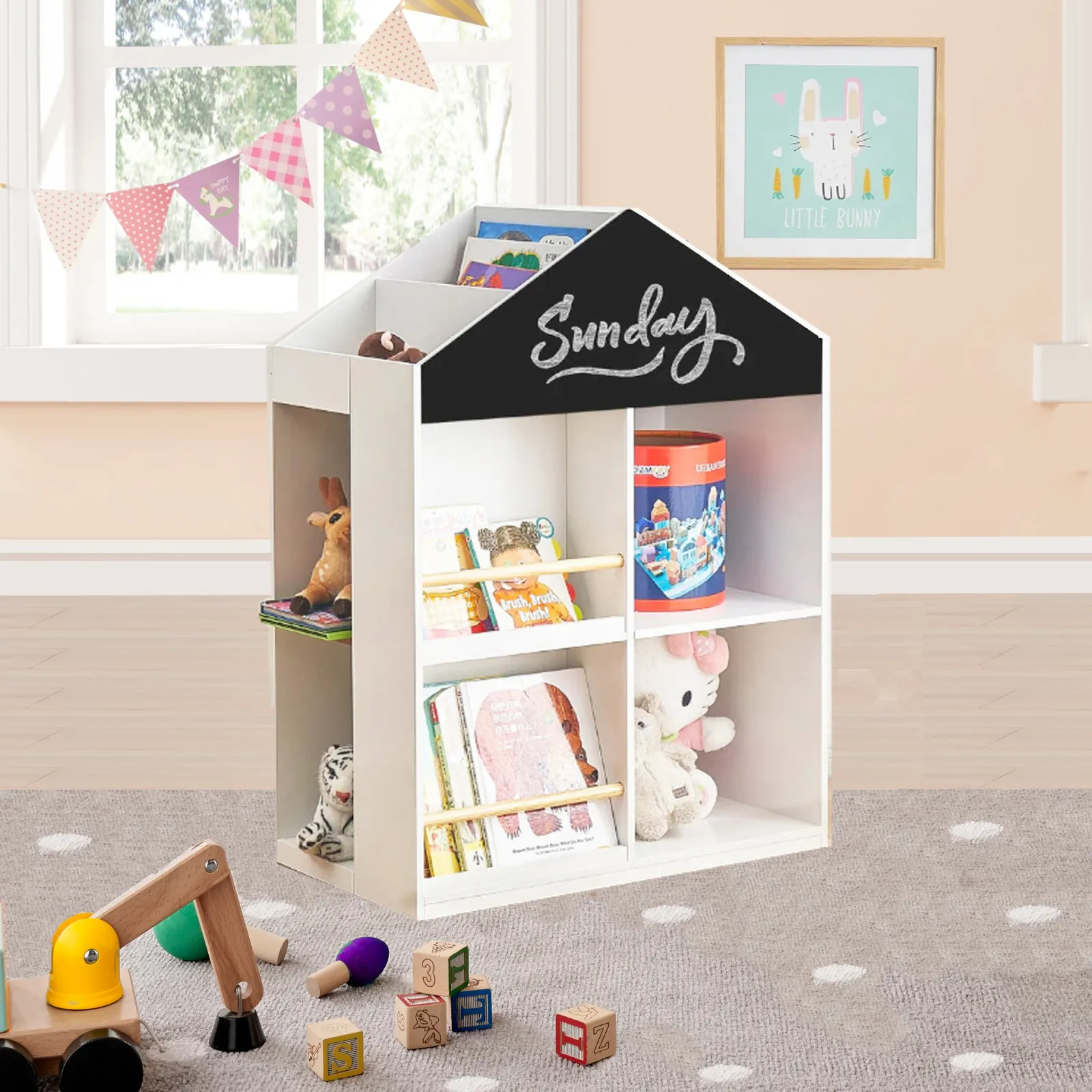 Little Helper Dollhouses | Bookcases & Kids Bookshelves | Large Scandi Montessori Wooden Dolls House Kids Bookcase | Toy Storage Box | White | H:96cm | 12m+