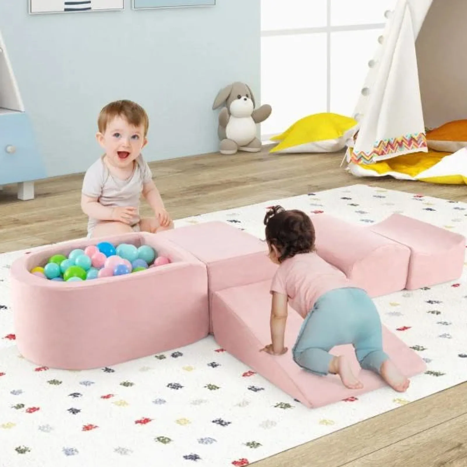 Little Helper Kids Climbing Frames & Activity Toys | Montessori Toys & Products | Large Soft Suede Montessori Soft Play Equipment | Ball Pit | Machine Washable | Dusty Pink