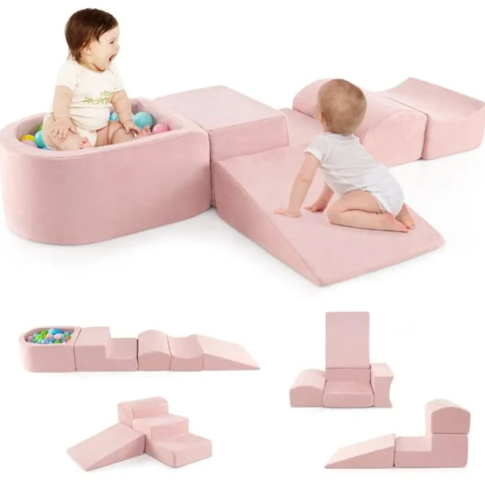 Little Helper Kids Climbing Frames & Activity Toys | Montessori Toys & Products | Large Soft Suede Montessori Soft Play Equipment | Ball Pit | Machine Washable | Dusty Pink