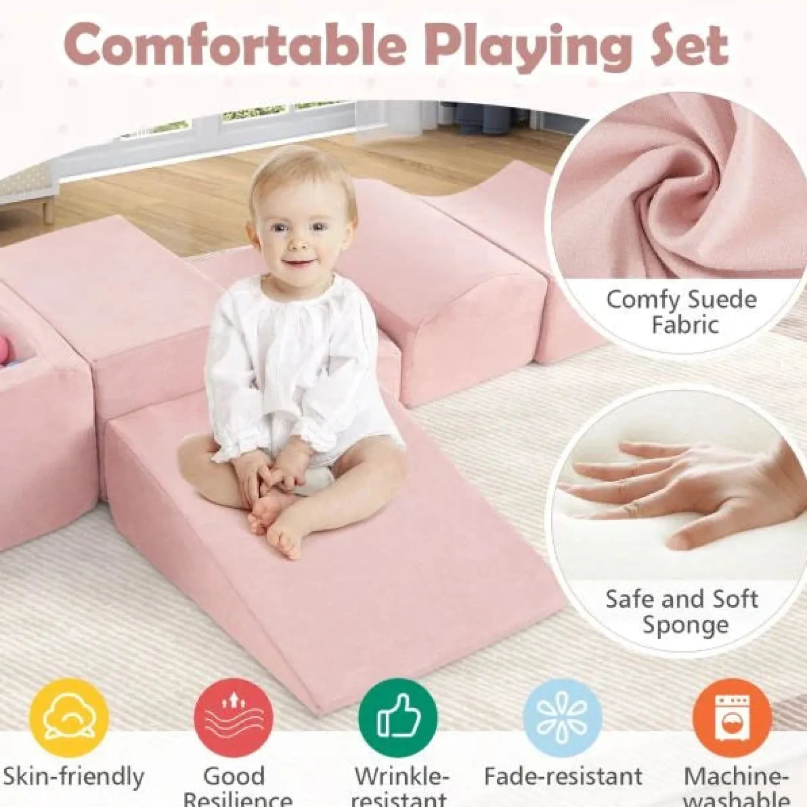 Little Helper Kids Climbing Frames & Activity Toys | Montessori Toys & Products | Large Soft Suede Montessori Soft Play Equipment | Ball Pit | Machine Washable | Dusty Pink